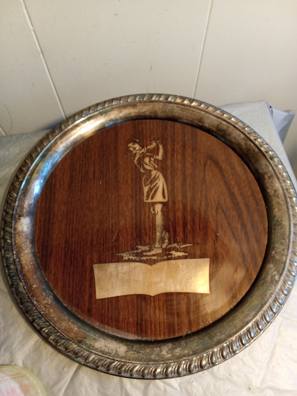 Engravable 12.25" Vintage Kent Silversmith Silverplate Woman Golfer Tray