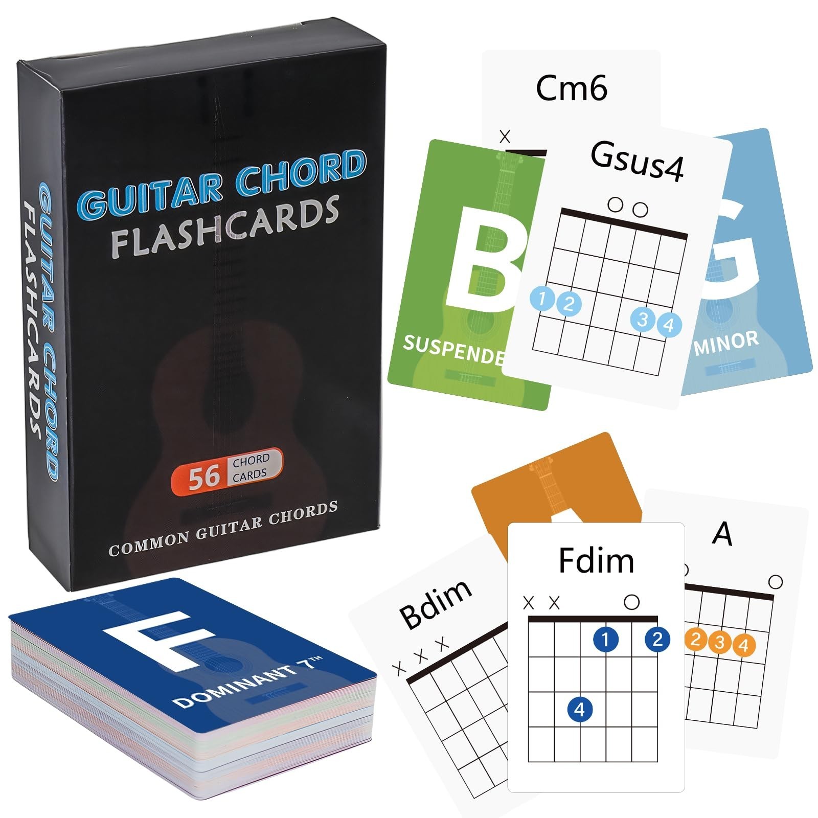 Guitar Chords Flash Cards, 56 Guitar Note Theory Cards- The Major and Minor S...