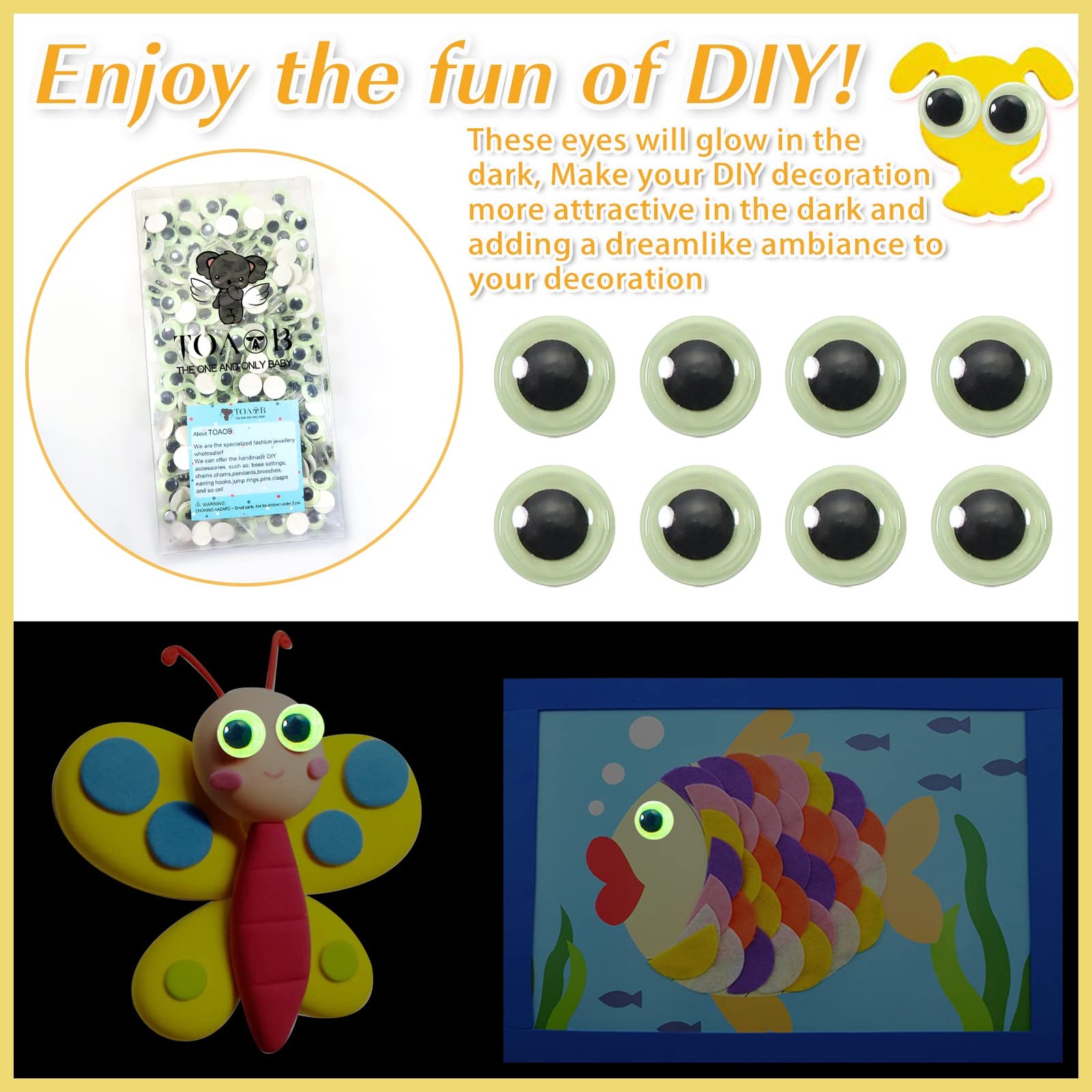 TOAOB 300pcs Glow in The Dark Wiggle Googly Eyes Self Adhesive Luminous Googl...