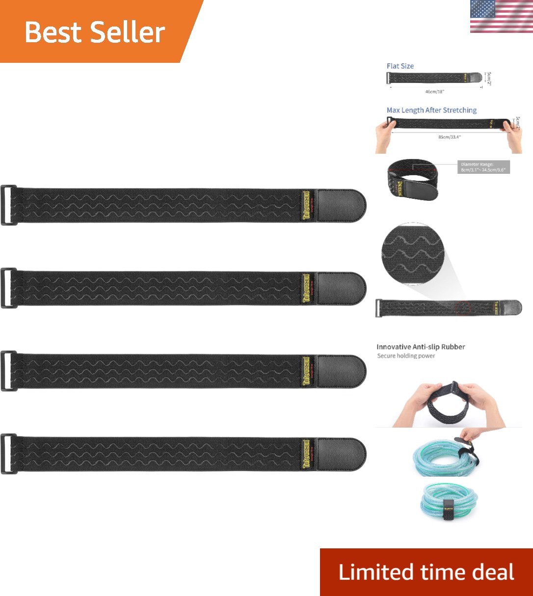 Hook and Loop Elastic Straps, 2" x 18" with Anti-Slip Strips for Heavy Duty Use