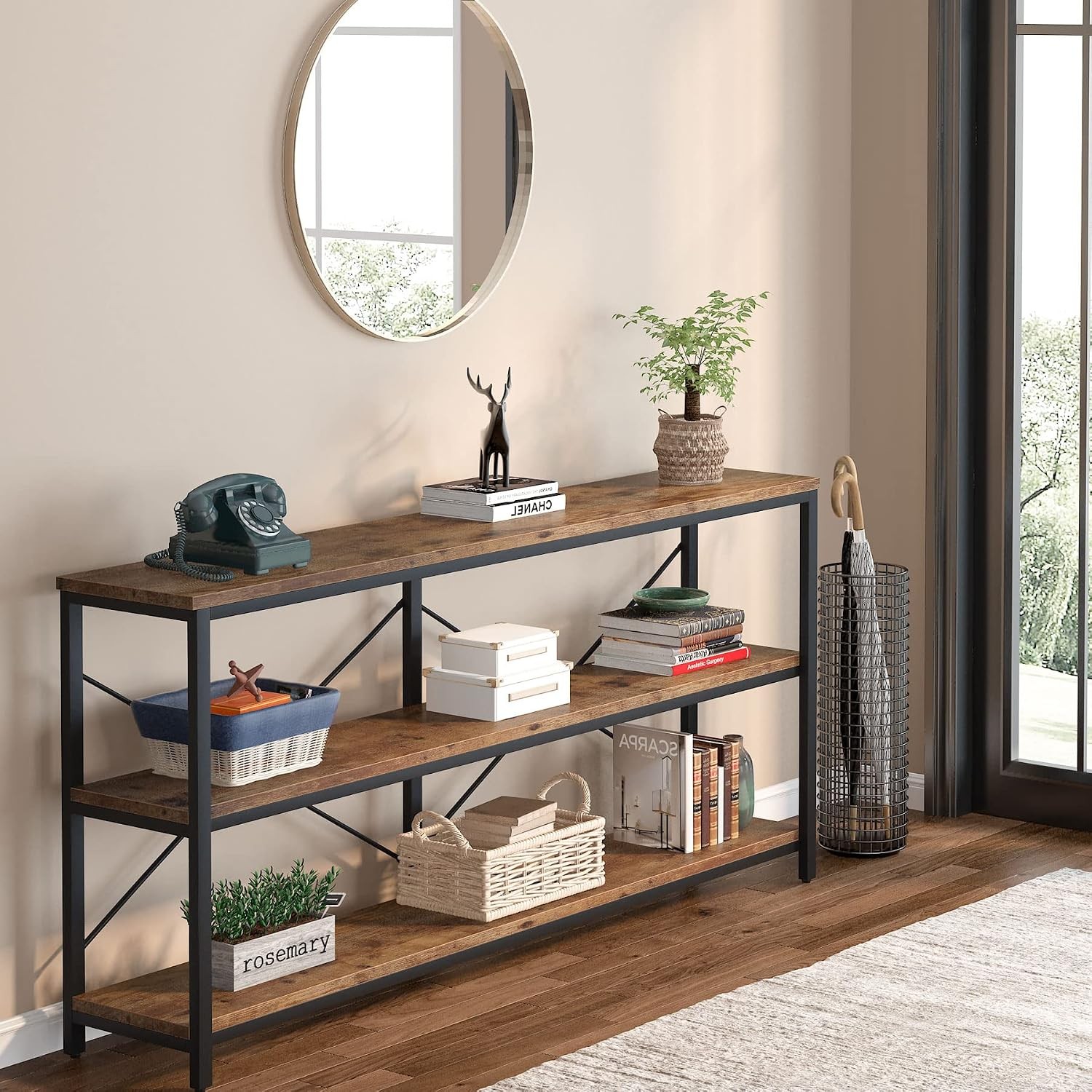 70.9" Extra Long Console Table, 3-Tier Industrial Sofa Table with Metal Frame