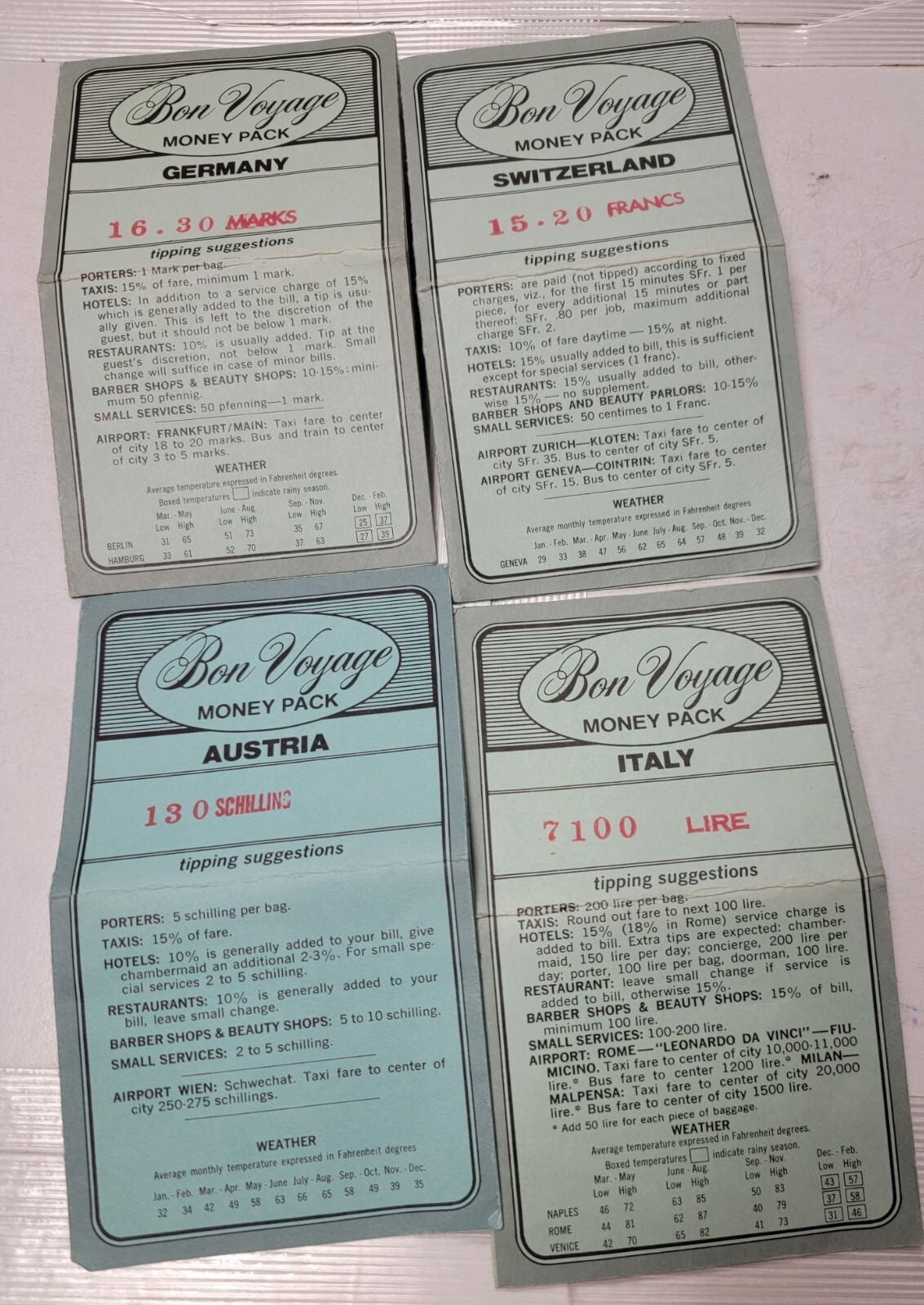 4 TRAVEL BON VOYAGE MONEY PACKS 1979 T1