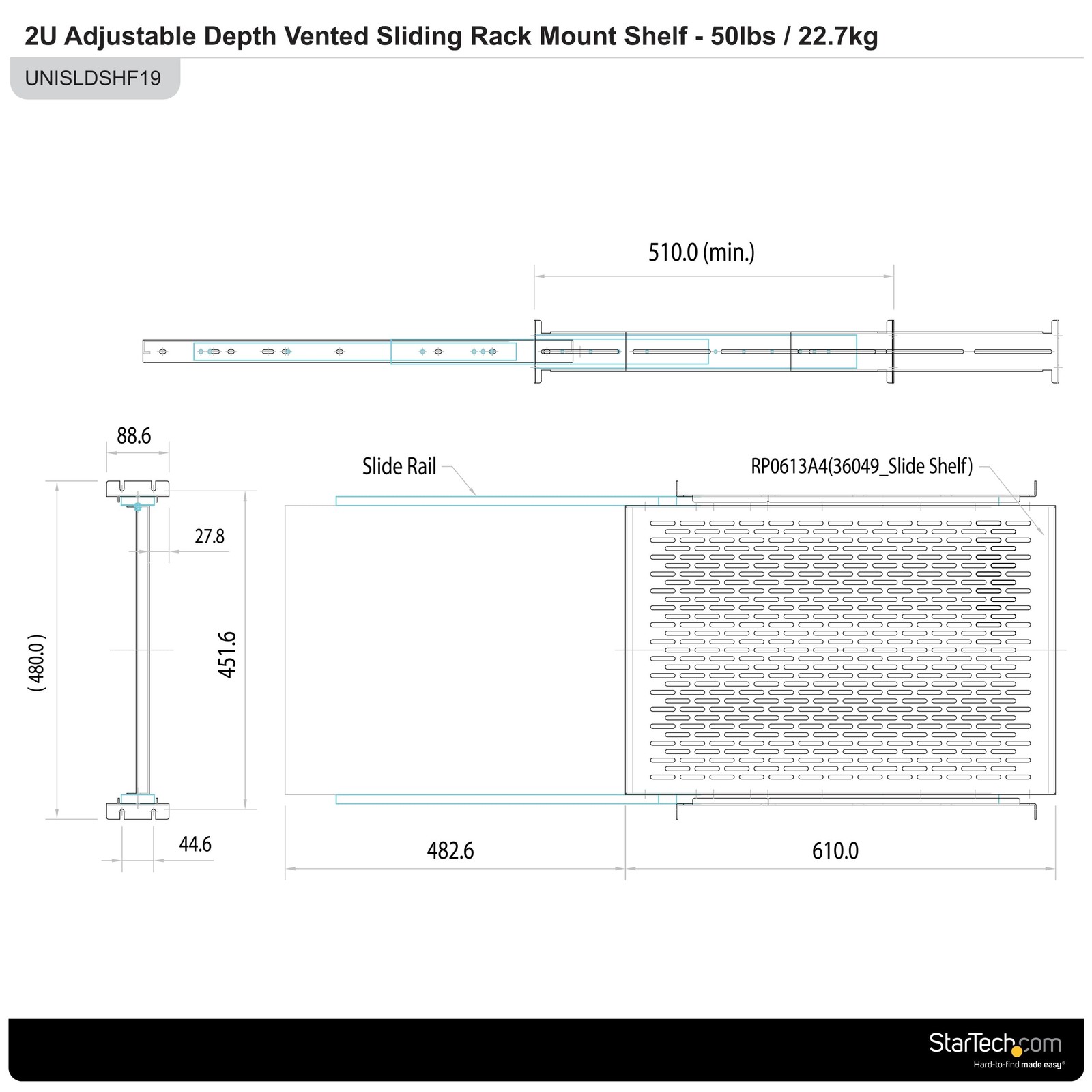 StarTech 2U Adjustable Mounting Depth Vented Sliding Rack Mount Shelf - 50lb