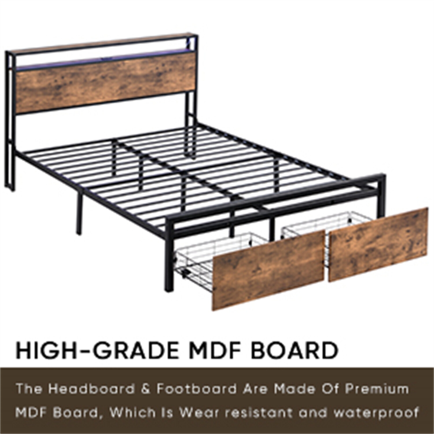 Queen Size Bed Frame with Storage Headboard & 2 Drawer Metal Platform Bed New