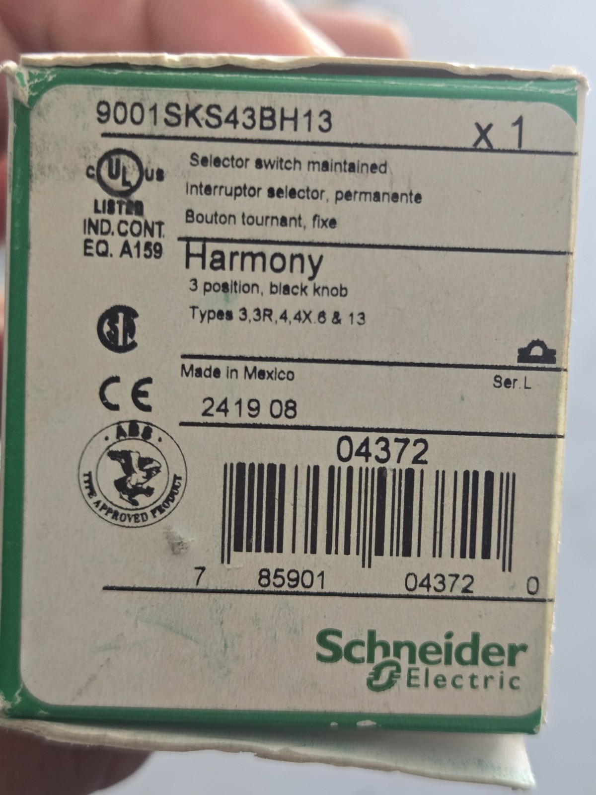Schneider Electric Harmony Selector Switch 3-Pos Maintained 9001SKS43BH13