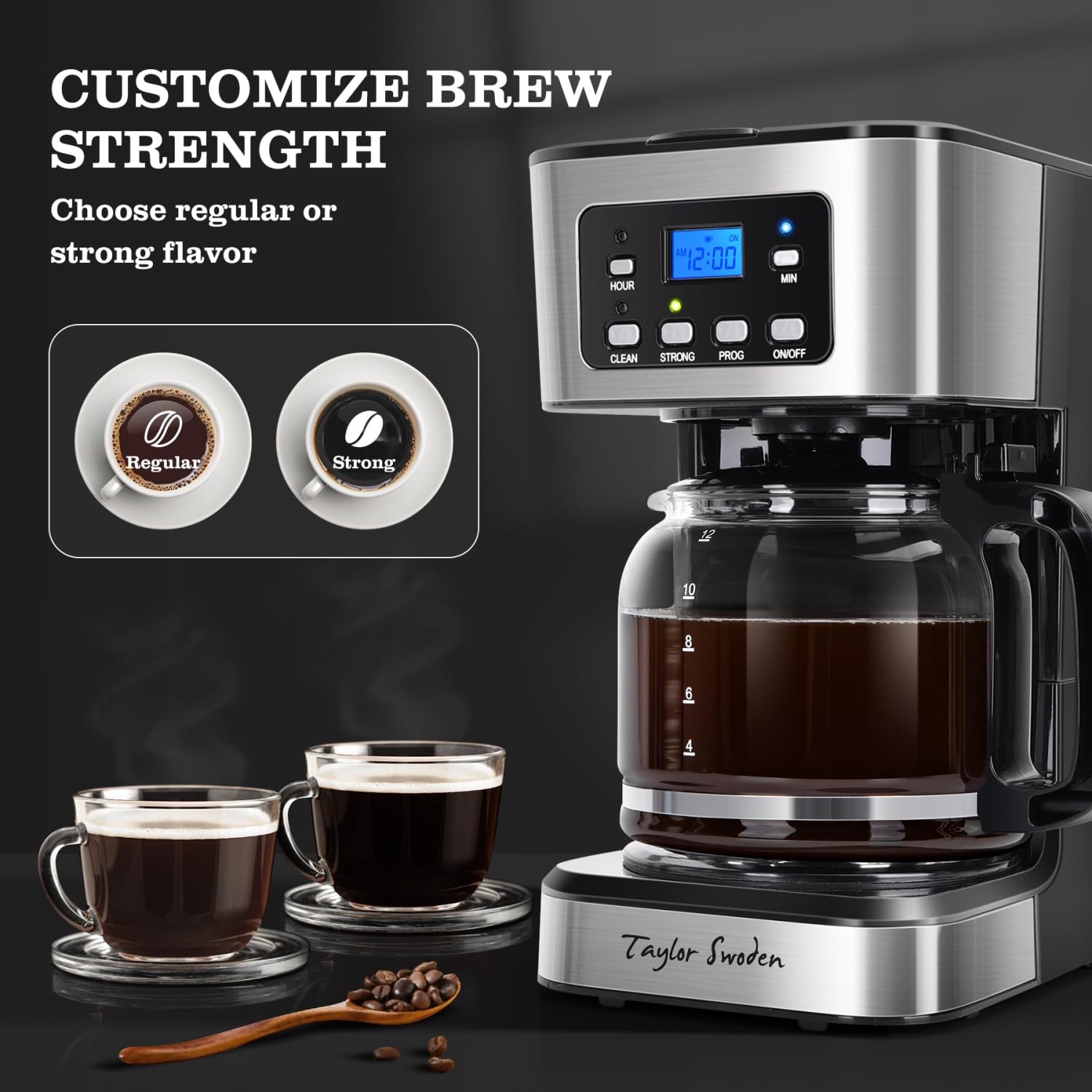 Taylor Swoden 12-Cup Programmable Coffee Maker, Regular & Strong Brew Black