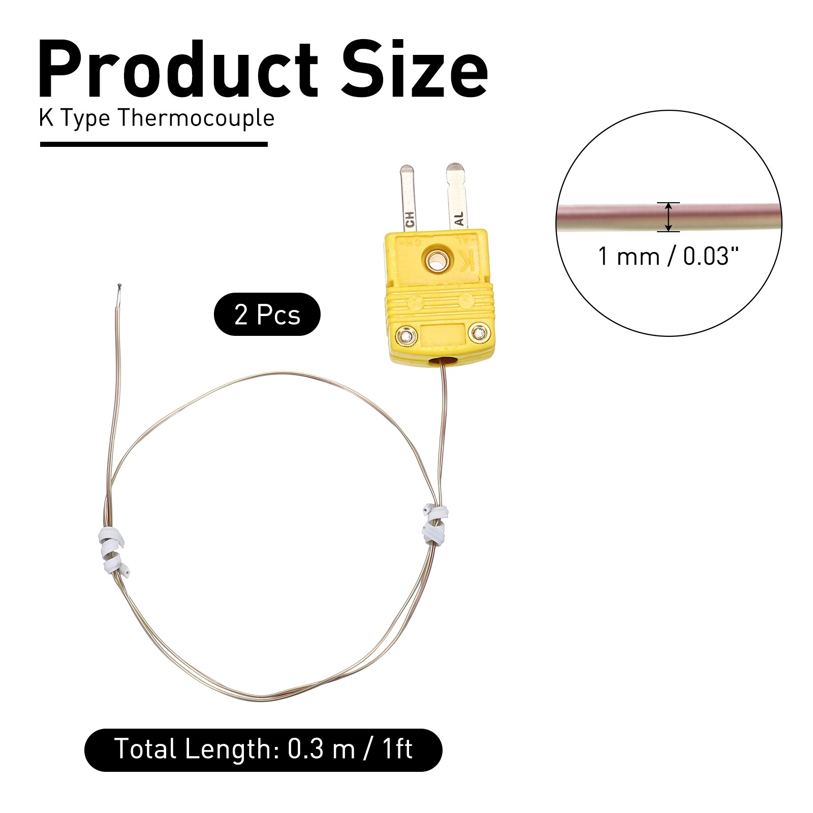 2Pcs K Type Thermocouple 1ft Temperature Sensing Line -40°C-260°C