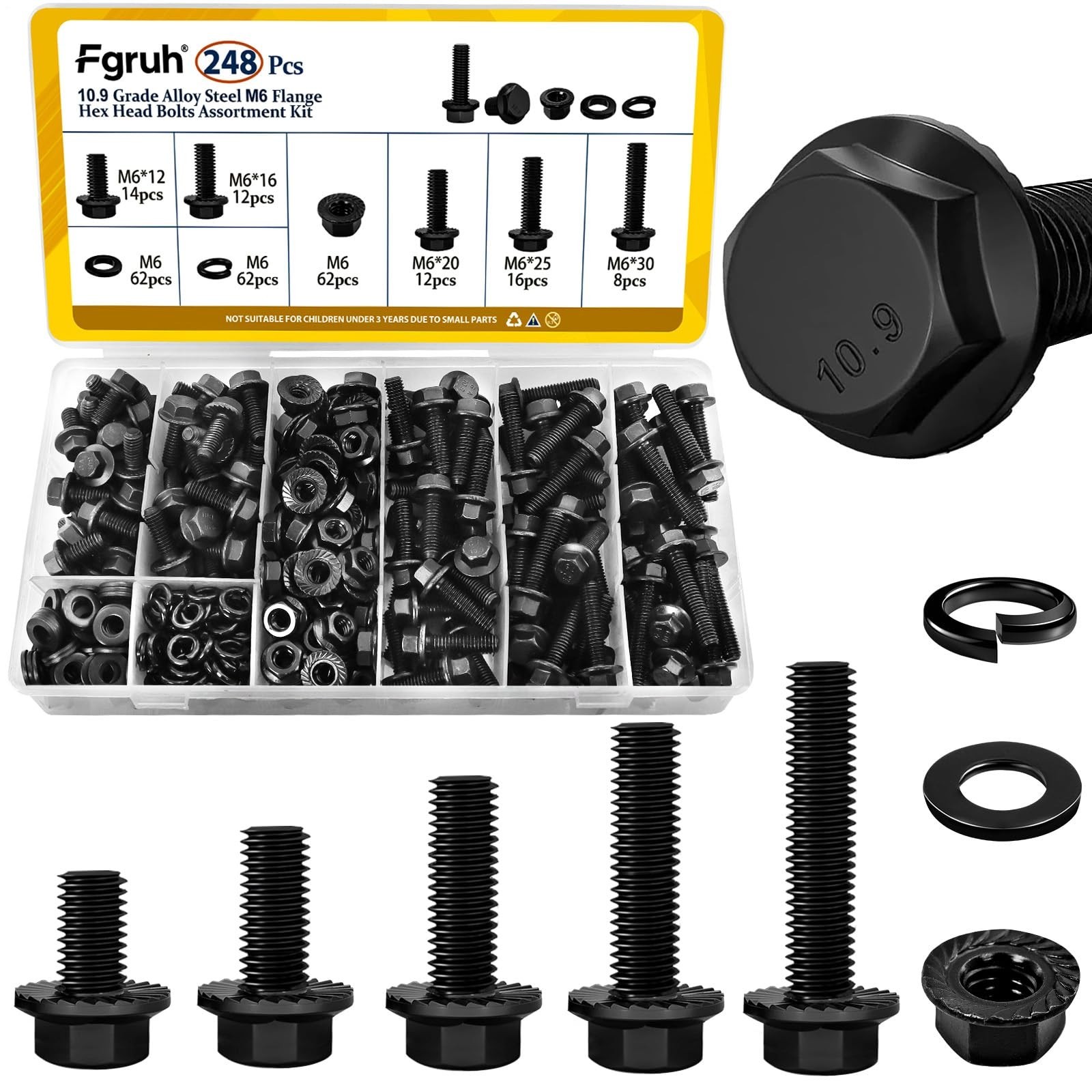 248PCS M6 Flange Hex Bolt Assortment Kit,M6-1.0 x 12/16/20/25/30 mm Metric Bo...