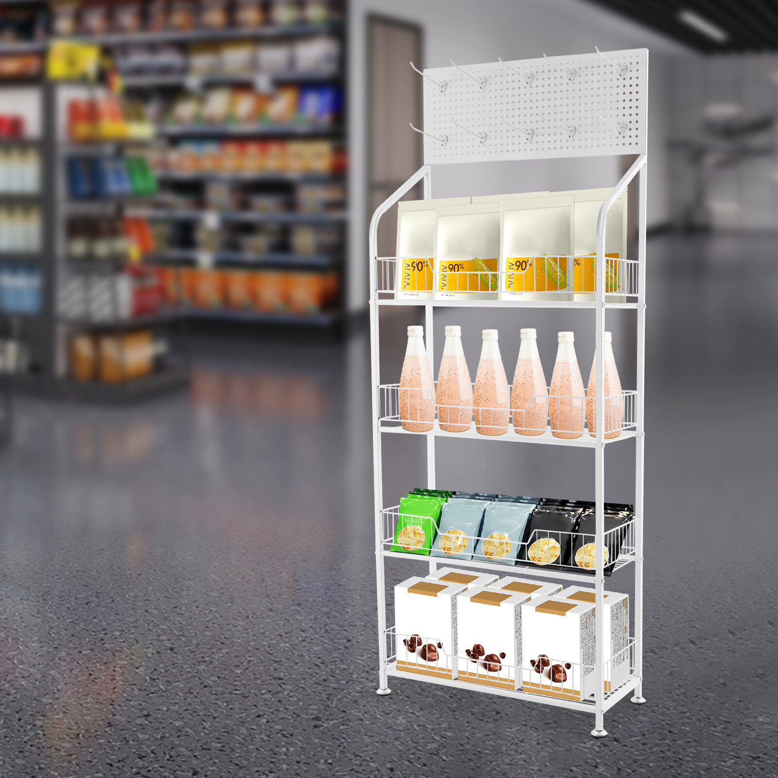 Snack Rack Stand with Hooks 4 Tier Retail Display Rack Snack Display Organizer