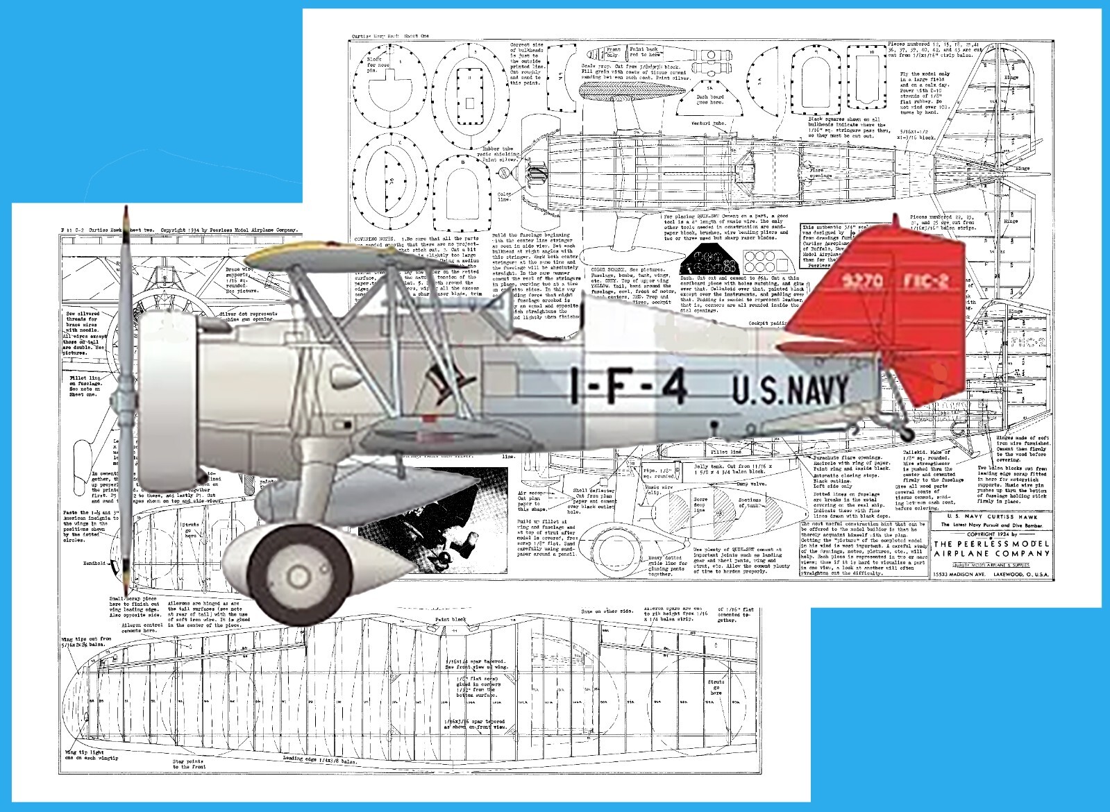 Peerless Model Airplane Plans (FF): U.S Navy F11 C2 Curtiss Hawk 24" Scale RP'ed