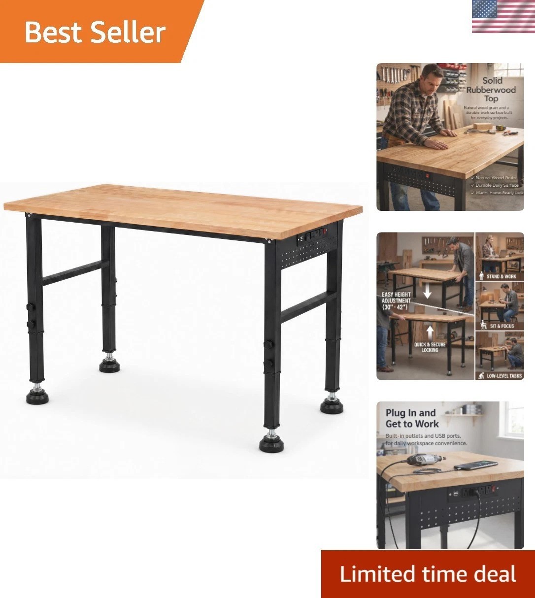48" Adjustable Height Wood Workbench with Power Outlets - 2000 LB Capacity