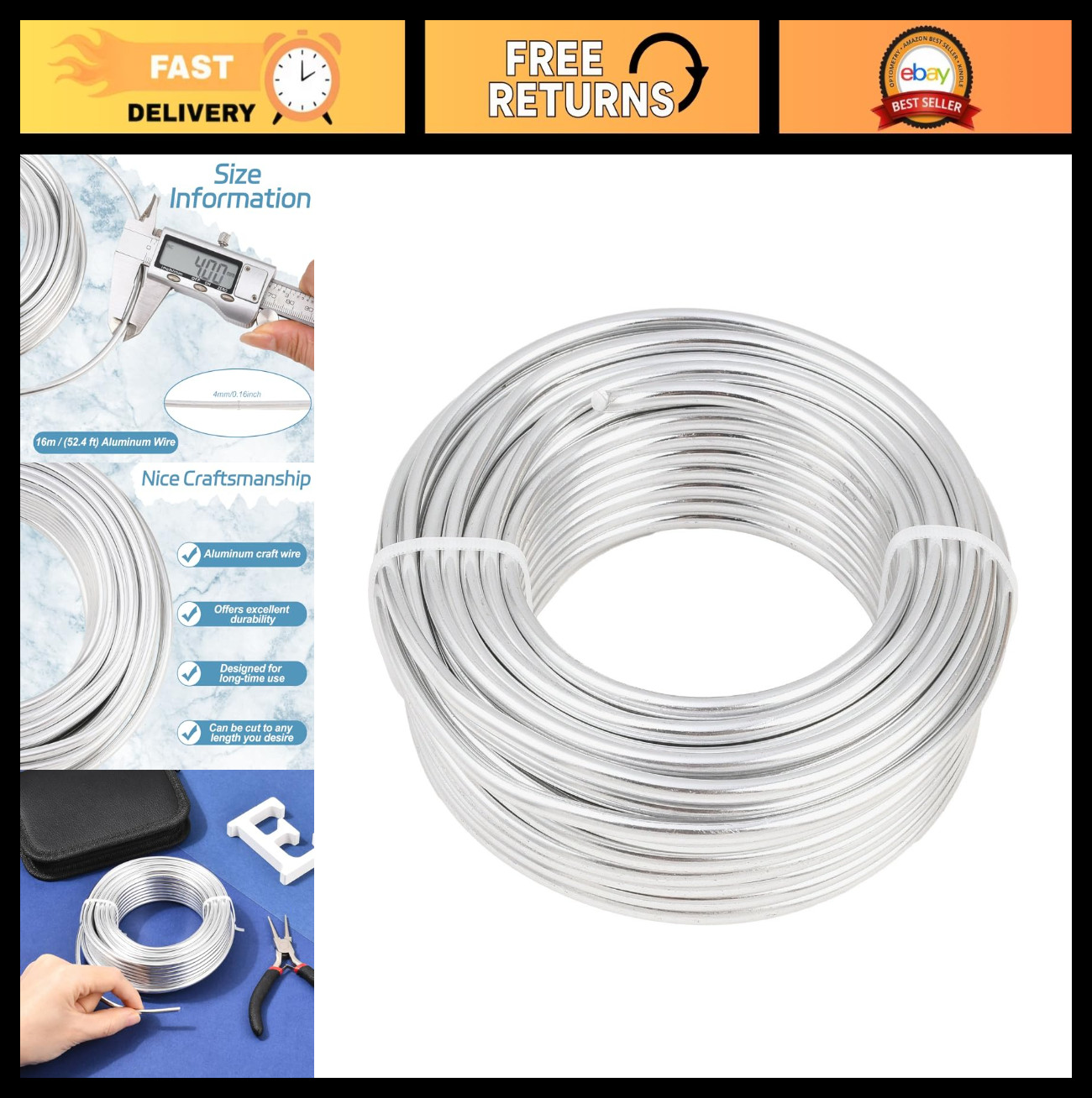 52.4ft Silver Aluminum Craft Wire 6 Gauge 4mm Bendable Metal for DIY Jewelry Mak