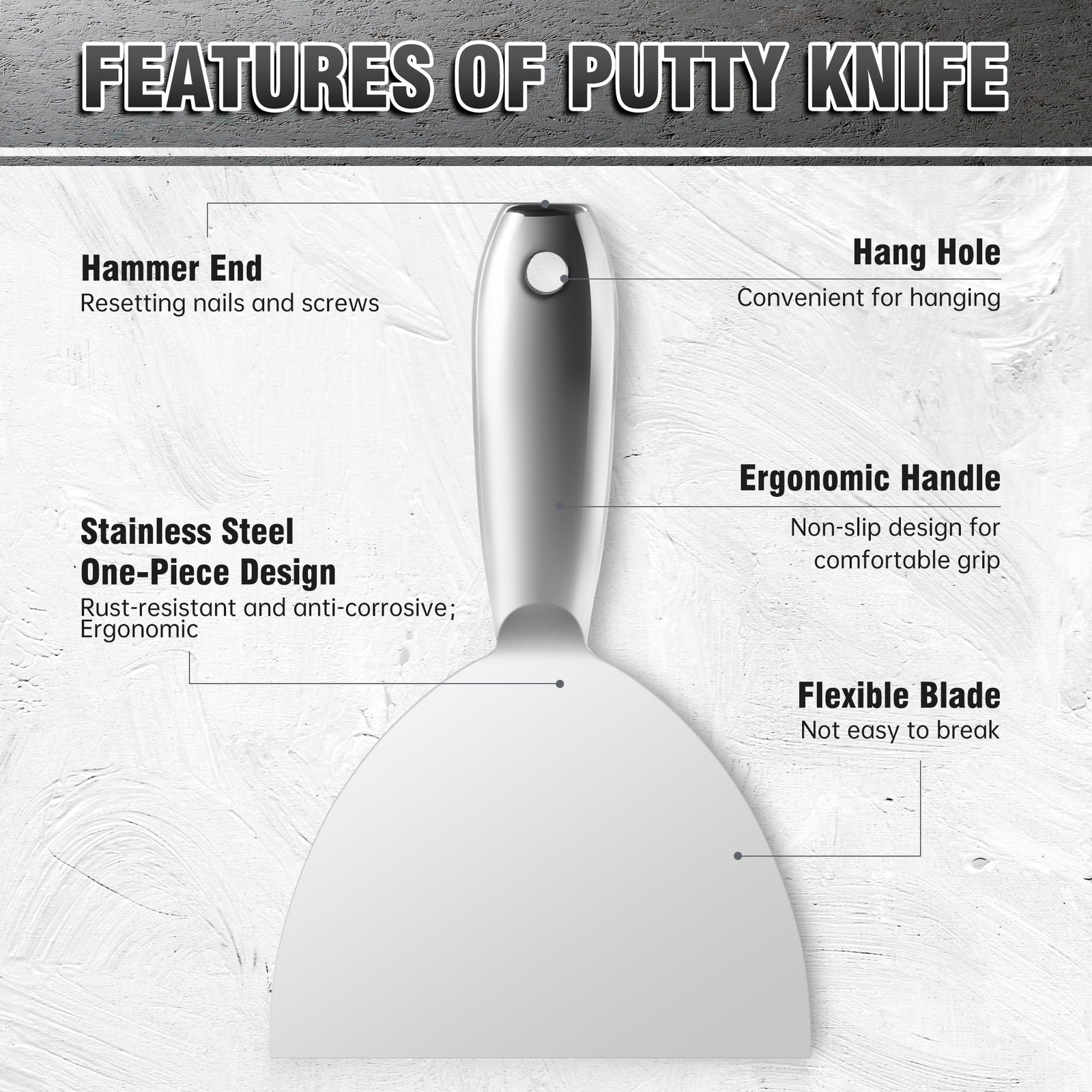 Putty Knife, 5 Pcs Putty Knife Set, 2" 3" 4" 6" 8" Stainless Steel Scraper, S...