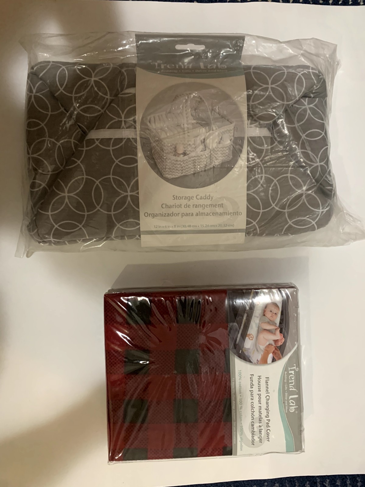 SET OF 2 TREND LAB STORAGE CADDY GRAT AND CHANGING COVER PADS BUFFALO CHECK BABY