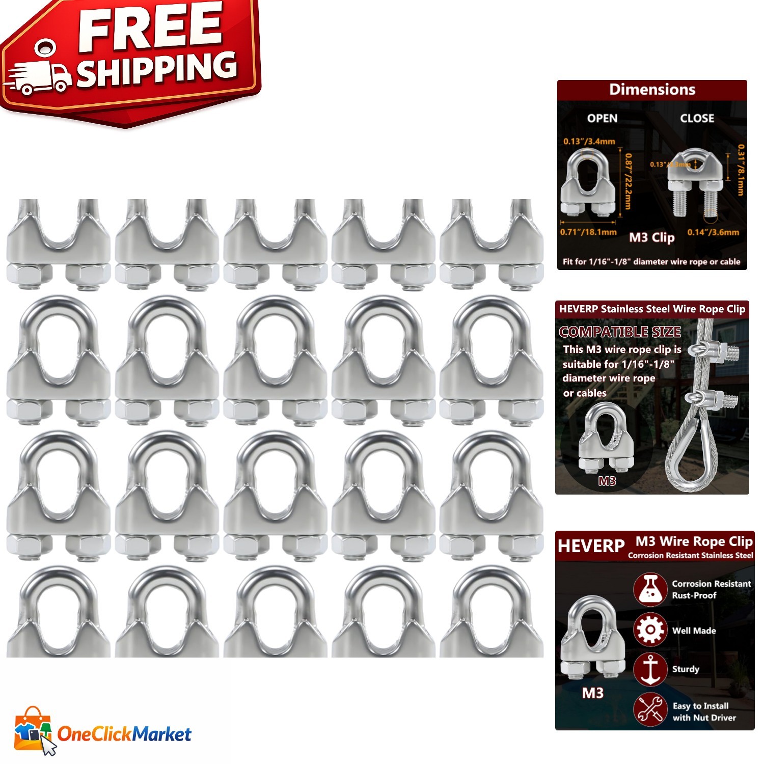 20PCS Heavy-Duty M3 Stainless Steel Cable Clips - 1/8 Inch Rigging Essentials