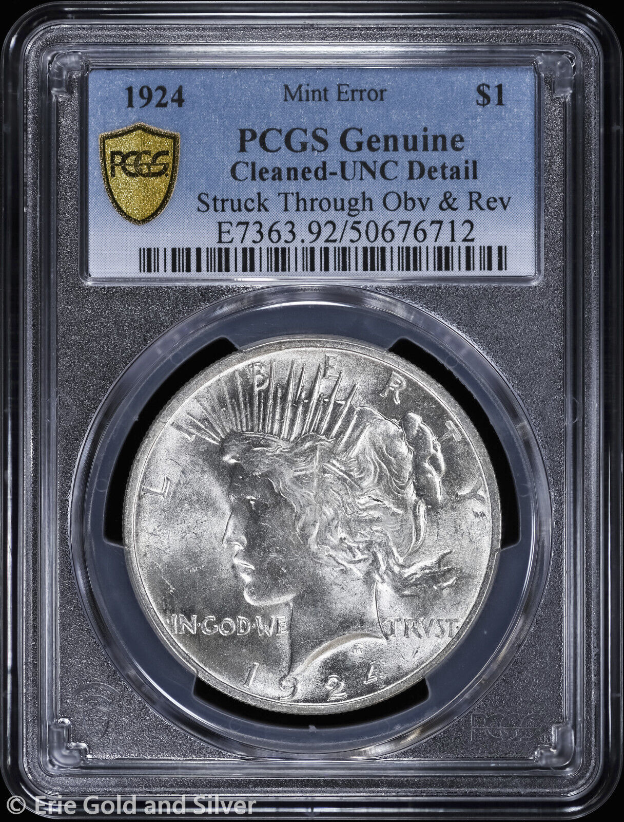 1924-P $1 Peace Silver Dollar PCGS UNC Detail | Error: Struck Thru Uncirculated