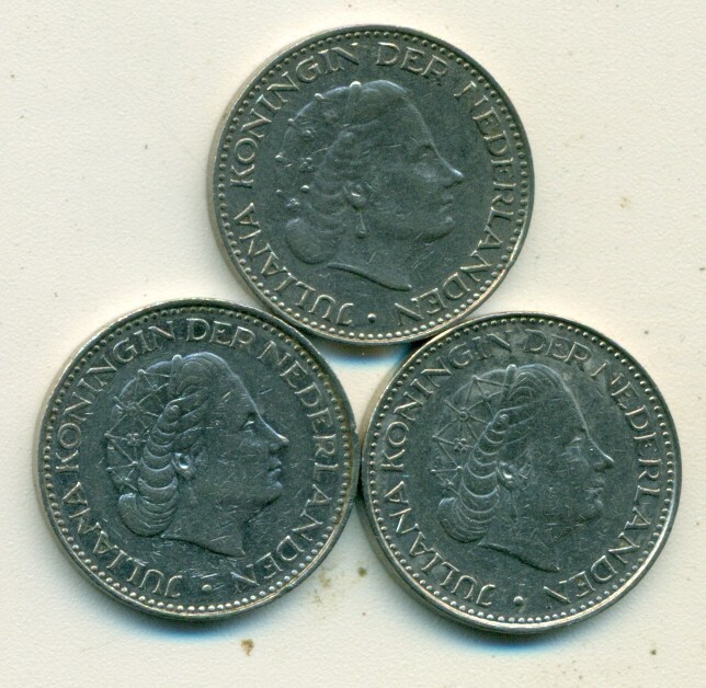 3 DIFFERENT 1 GULDEN COINS from the NETHERLANDS (1967, 1968 & 1969)