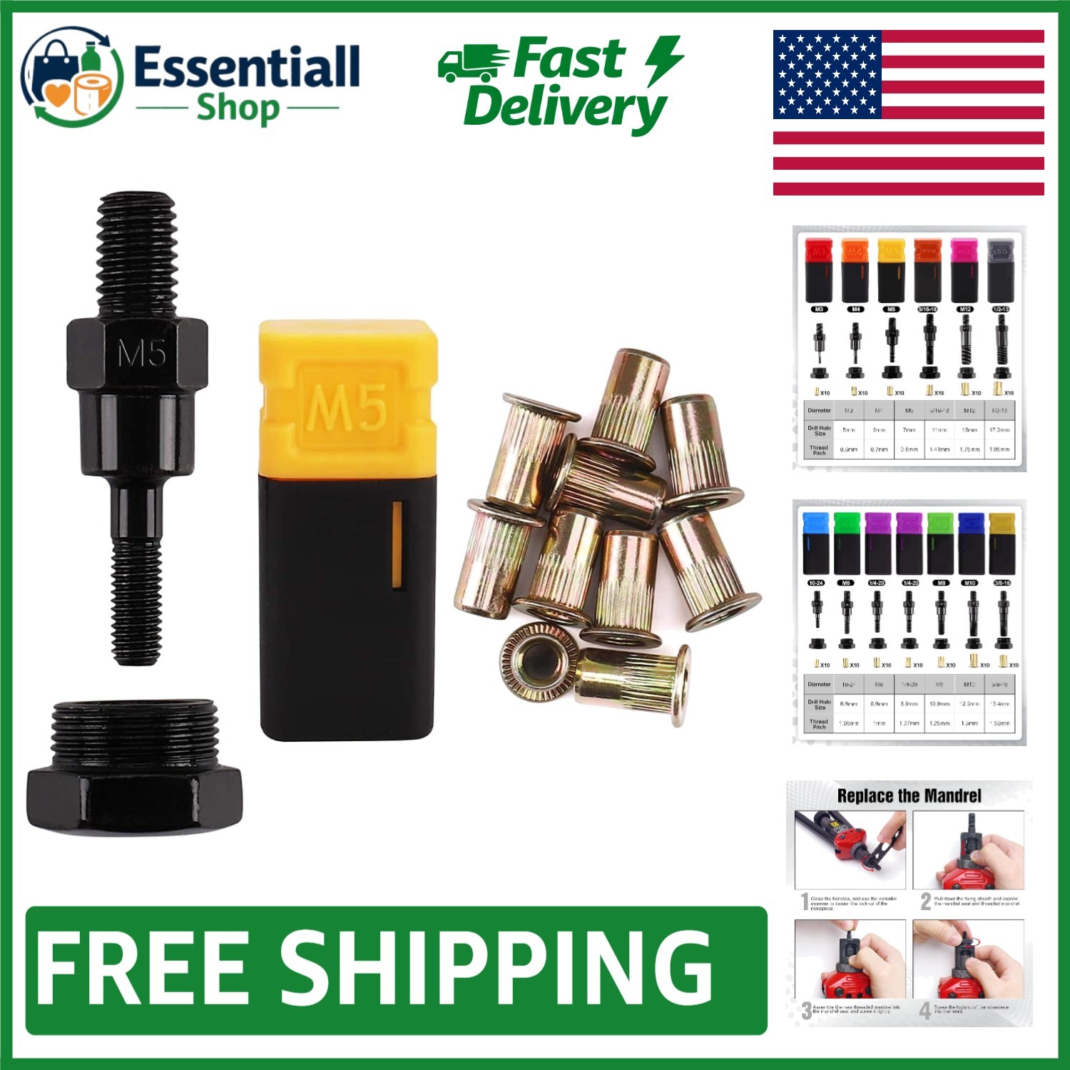 High-Quality M5 Rivet Nut Tool Set – 1 Mandrel & 10 Nuts for Easy Replacement