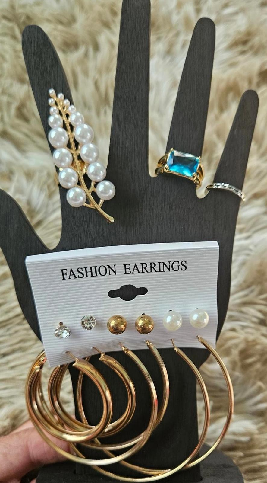 Set of 6 Fashion Earrings and 3 Rings with Pearl and Blue Stone Accents New
