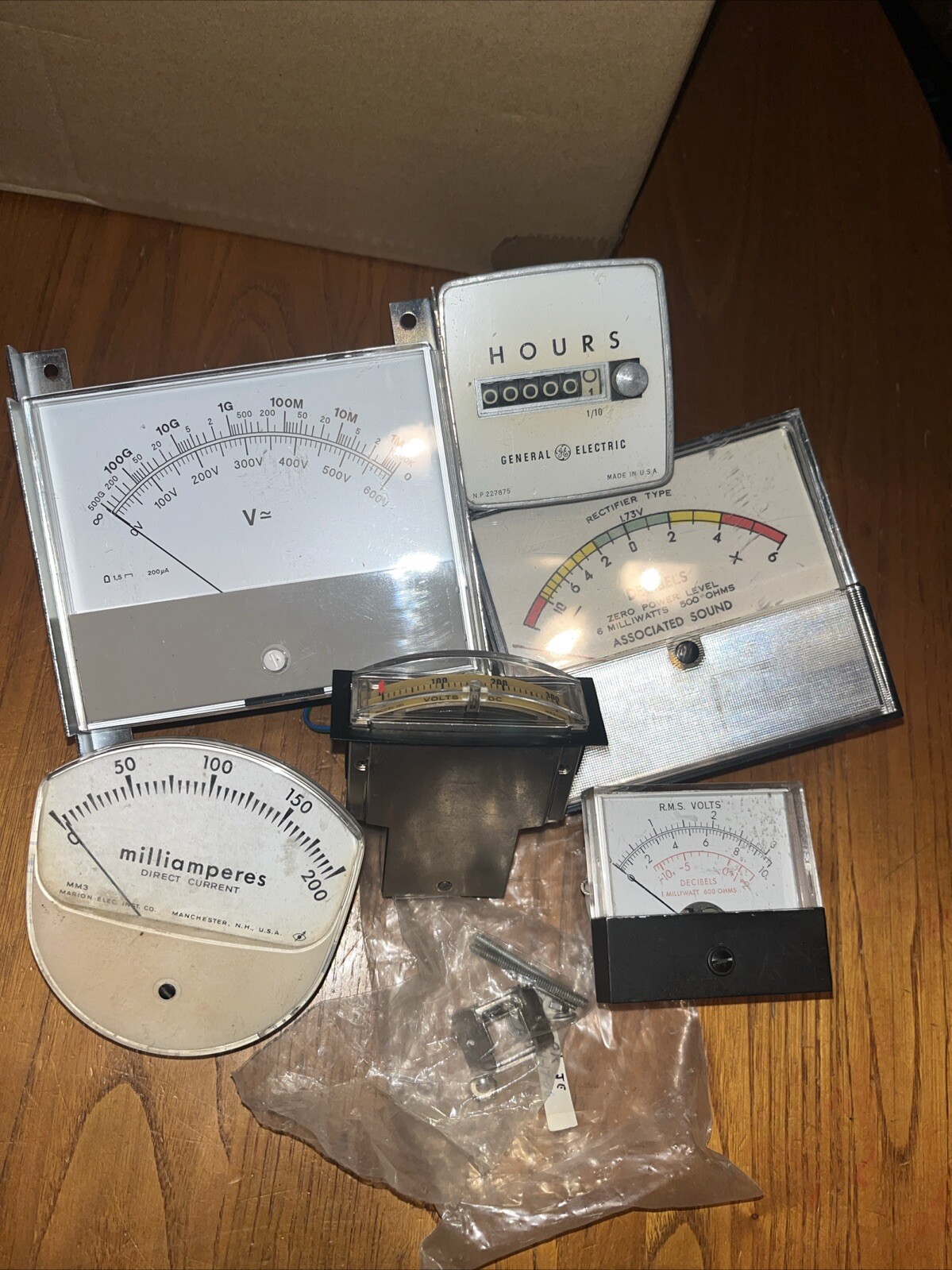 Vintage Meter Panels decibels Volts. Miliamps, Ohms, Degrees LOT OF 6  UNTESTED