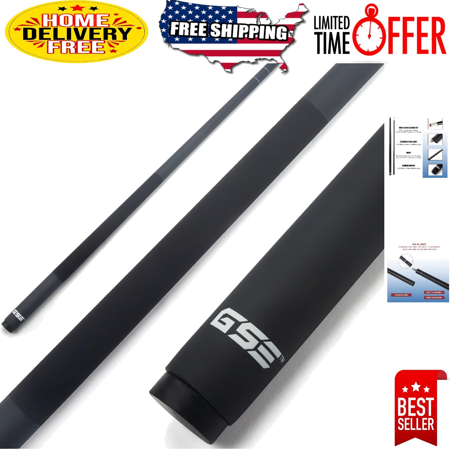 58-Inch Two-Piece Fiberglass Pool Cue - Superior Quality & Comfort - 20oz Black