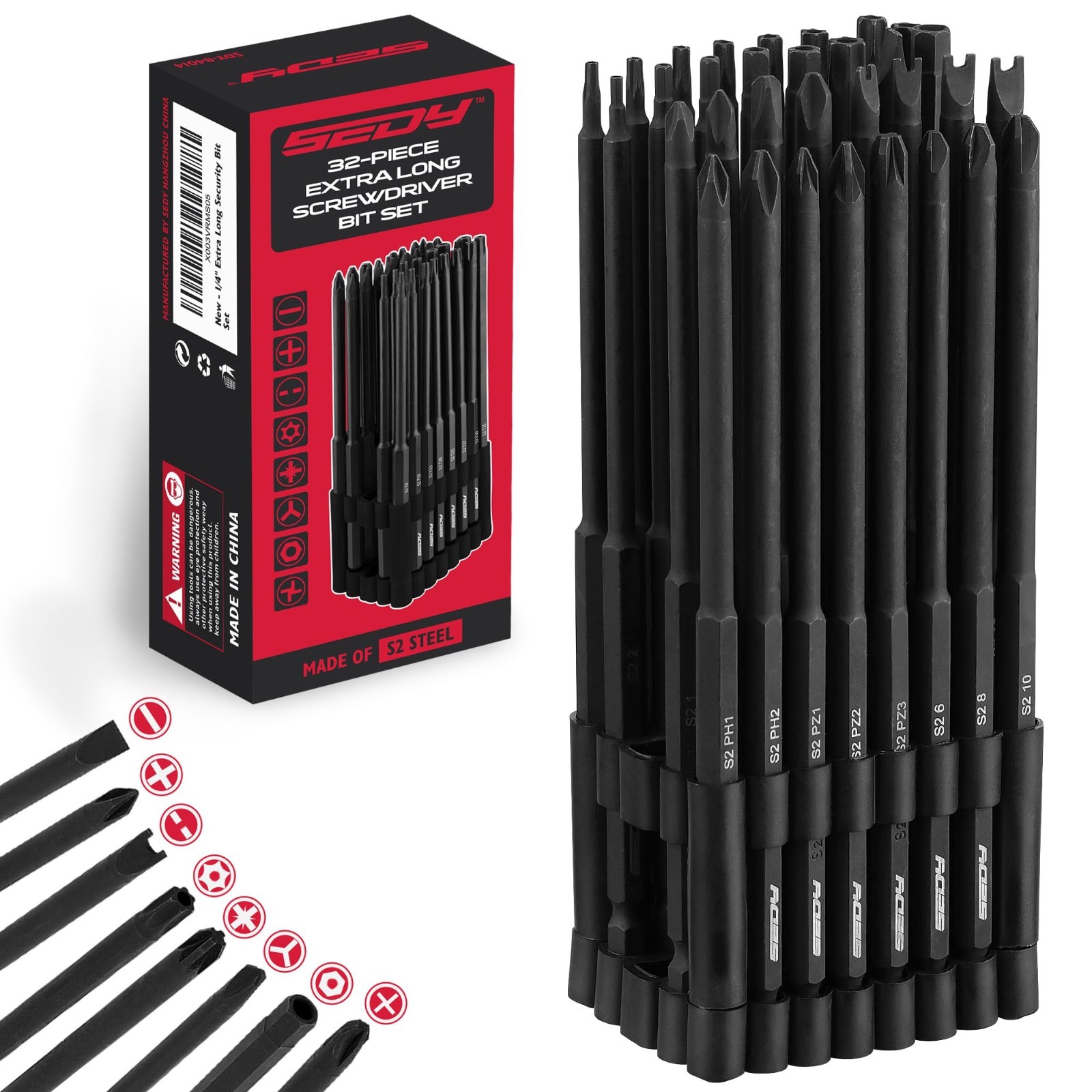 32-Piece Extra Long Security Bit Set - S2 Steel Tamper-Proof Screwdriver Bits, 6