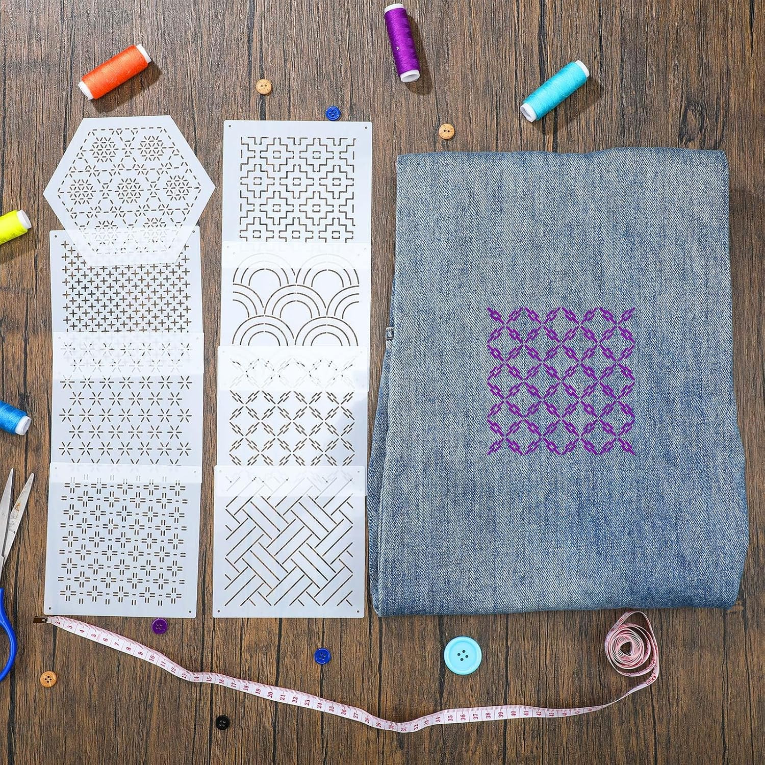 8 Pcs 4.7 X 4.7 Inch Plastic Sashiko Stencil Kit Geometric Sashiko Pattern Templ