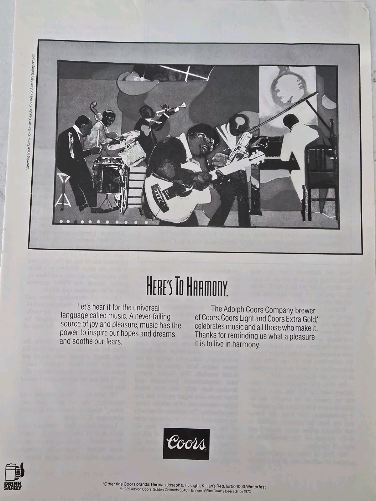 1989 Coors Beer jamming at the Savoy by Romare Bearden vintage original ad