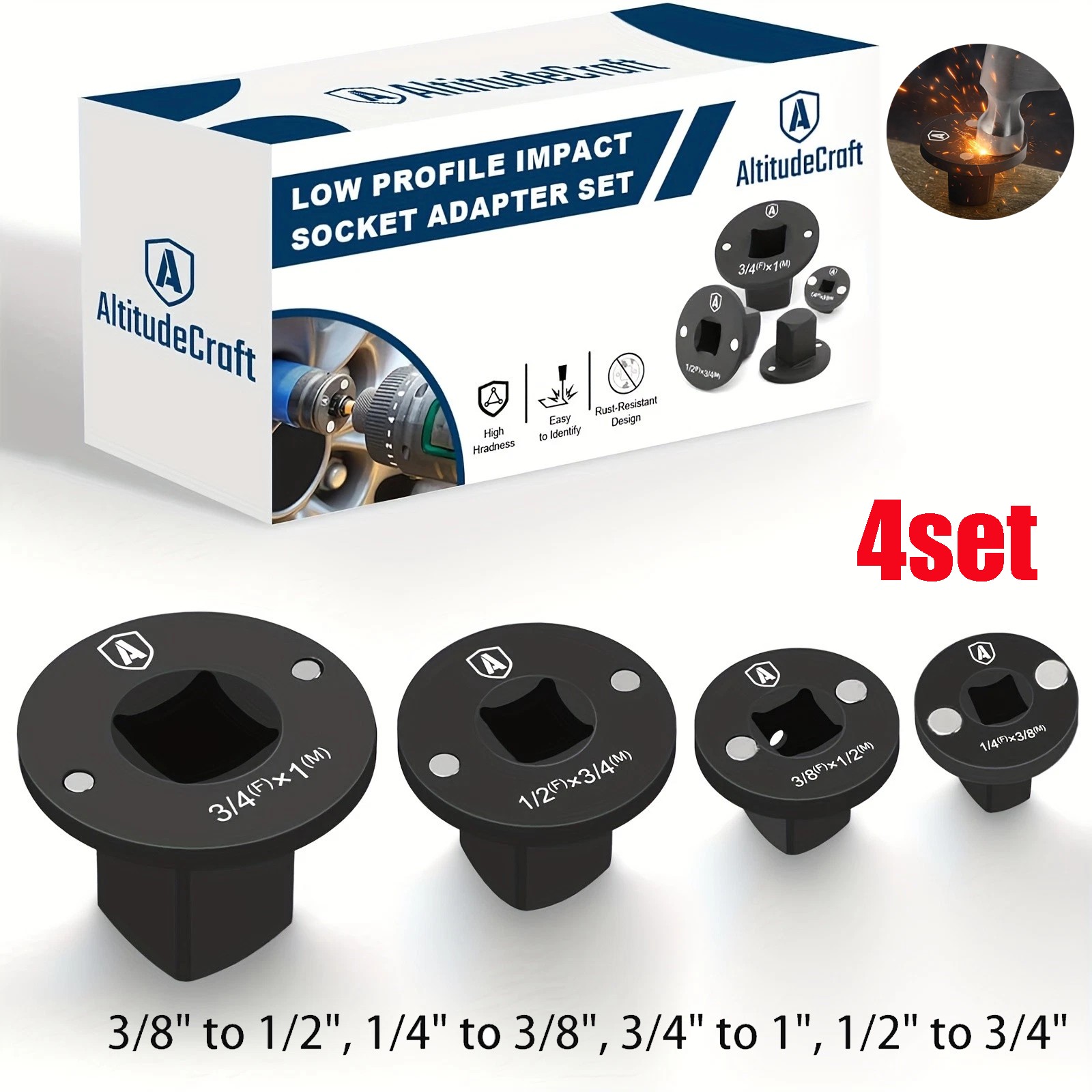 4-Pack Low Profile Impact Socket Adapter Set, Drive Reducing Ratchet Adapter Set