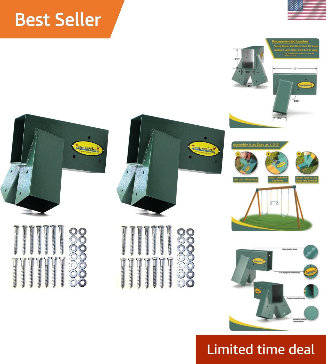 Easy 1-2-3 A-Frame 2 Brackets Swing Set Brackets with All Mounting Hardware, ...
