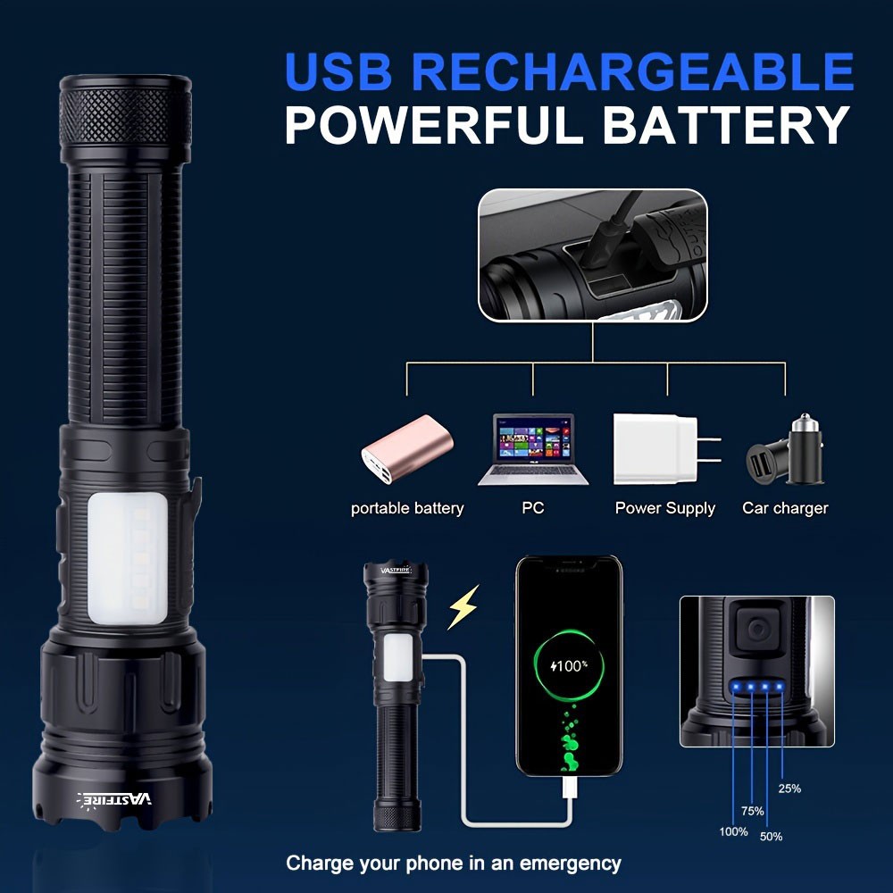 2Pack Super Bright LED Flashlight Zoomable USB Rechargeable COB Light Torch
