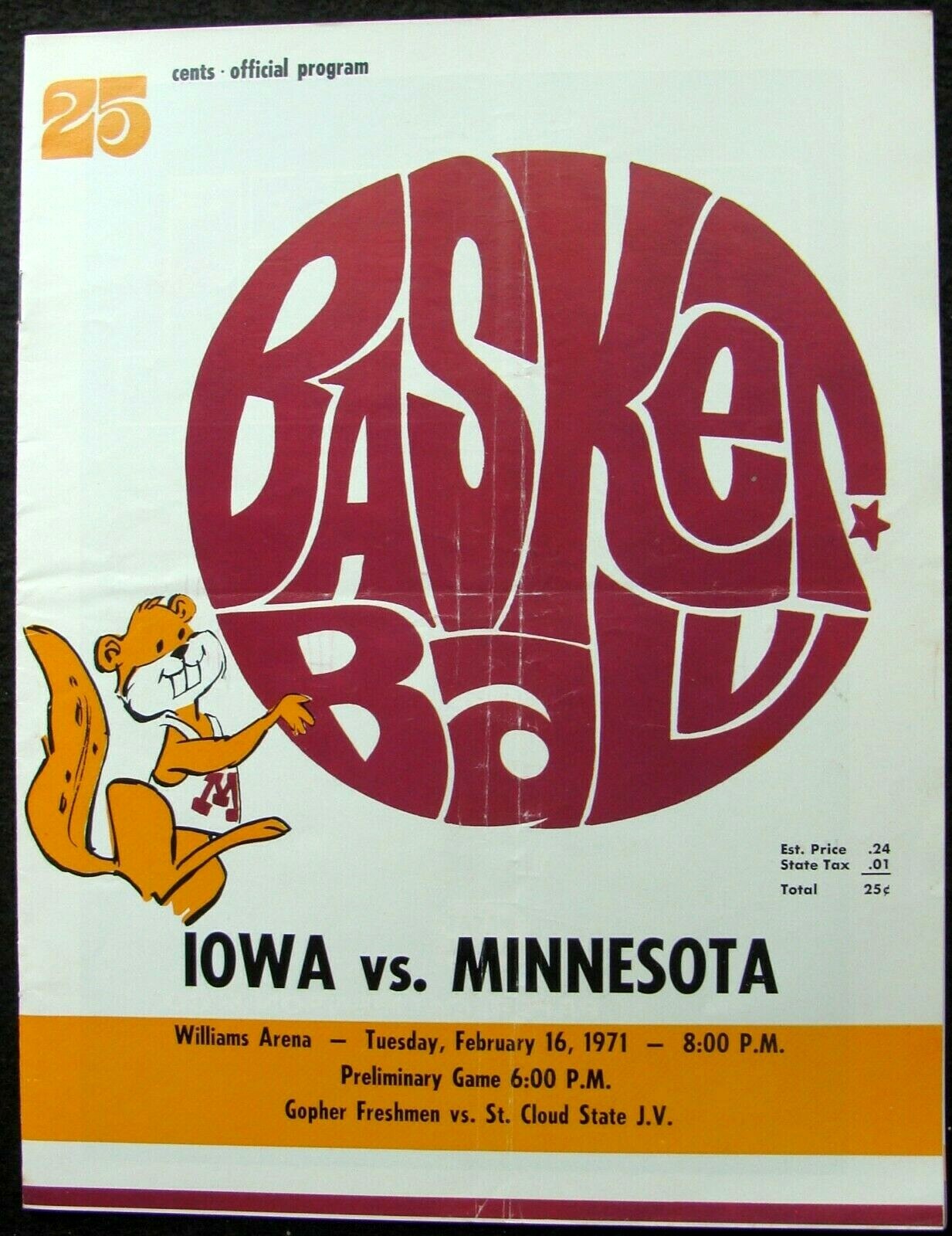 1970-71 MINNESOTA GOPHERS V. IOWA BASKETBALL GAME PROGRAM @ WILLIAMS ARENA