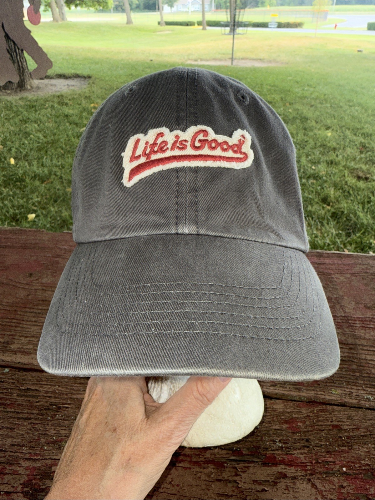 Life is Good Red White Distressed Patch on Gray Hat Cap Cotton Strap Buckle EUC