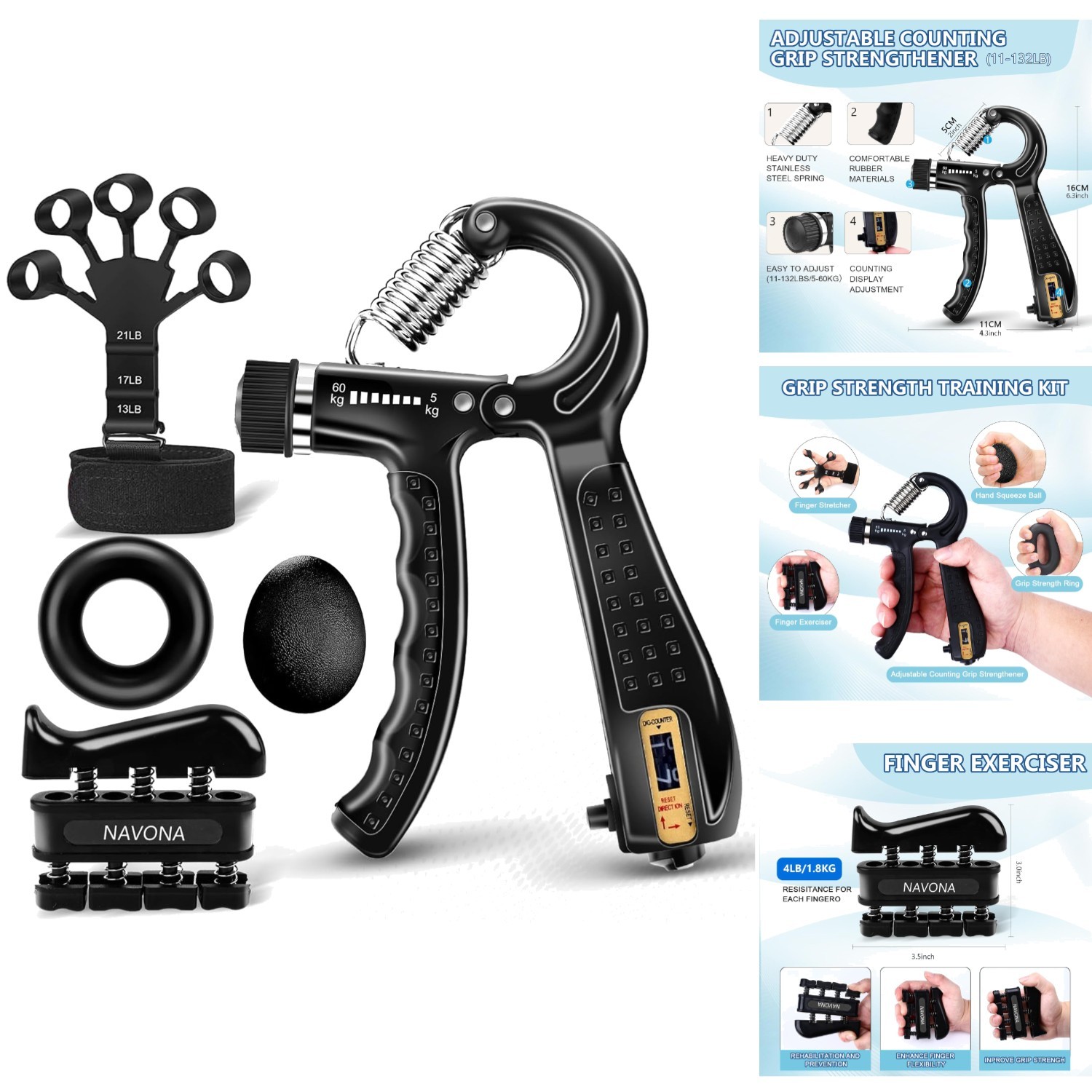 5pc Grip Strength Trainer Kit Hand Exerciser Forearm Workout Finger Strengthener