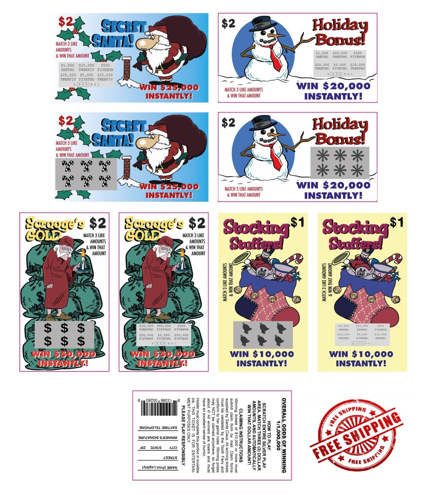 100 Fake Lottery Tickets Christmas designs 4 Assorted Designs Free Shipping