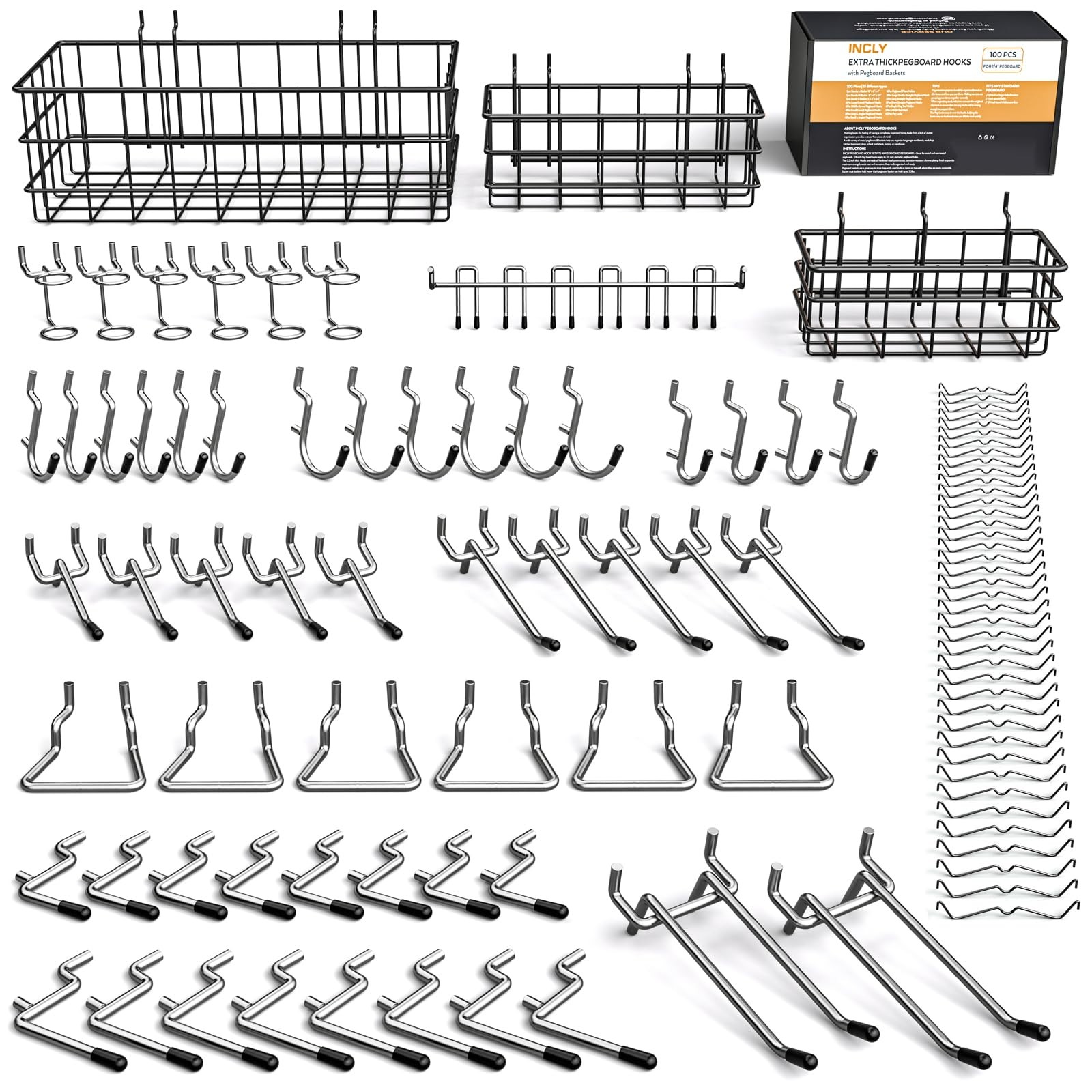 INCLY 1/4“ Extra Thick Pegboard Accessories Kit, 100PCS Heavy Duty Metal Peg ...