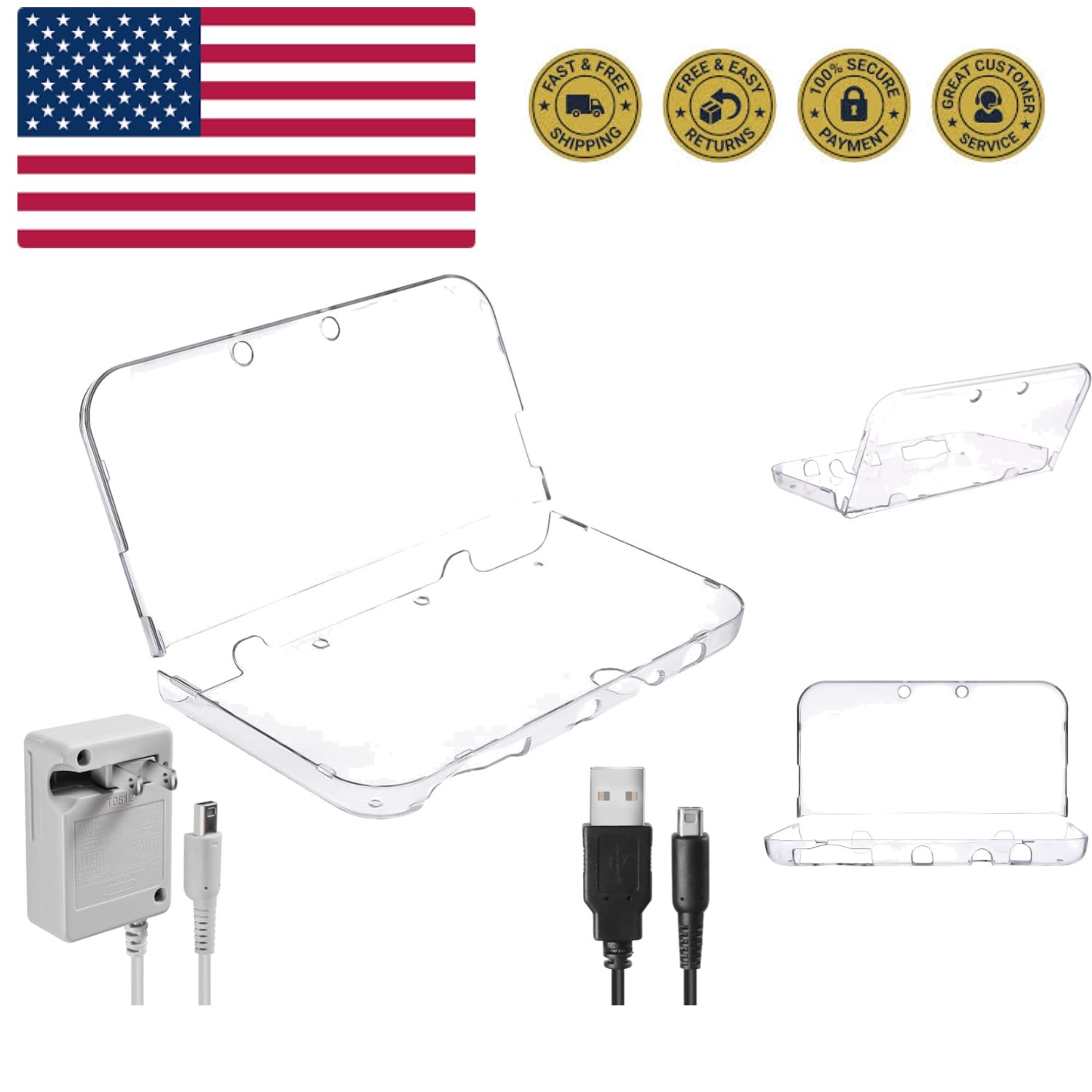 3DS Charger Power Adapter & USB Charger Cable & New 3DS XL Case Kit - OEM  Re...