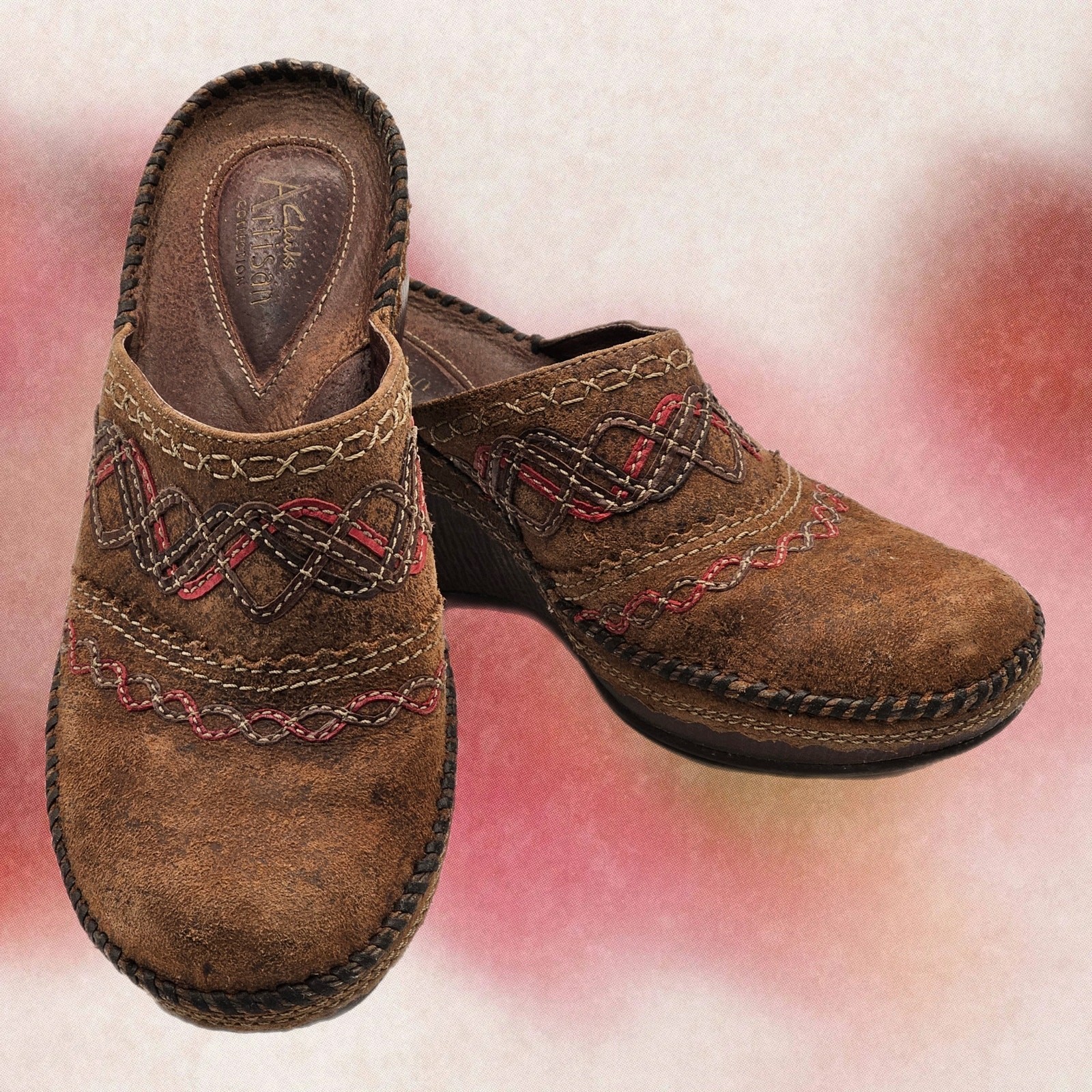 Clarks Artisan Womens 8.5 Distressed Leather Wedge Mule Boho Western Workwear