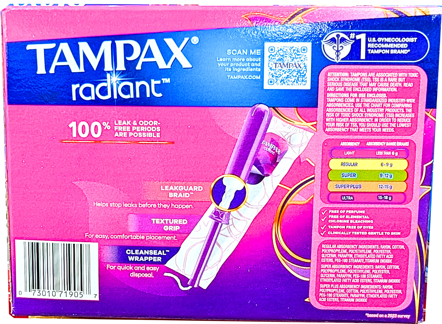 Tampax Radiant Tampons Trio Pack Unscented 77 Count