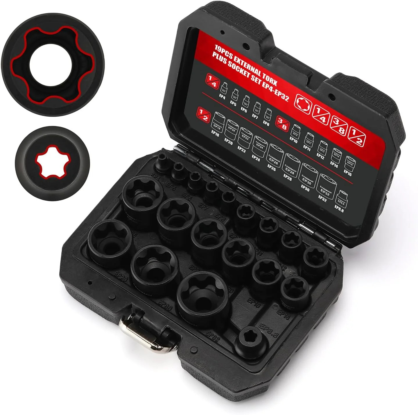 CASOMAN 19PCS External Torx Plus Socket Set, 6 & 5 Point EP Sockets EP4-EP32 wit