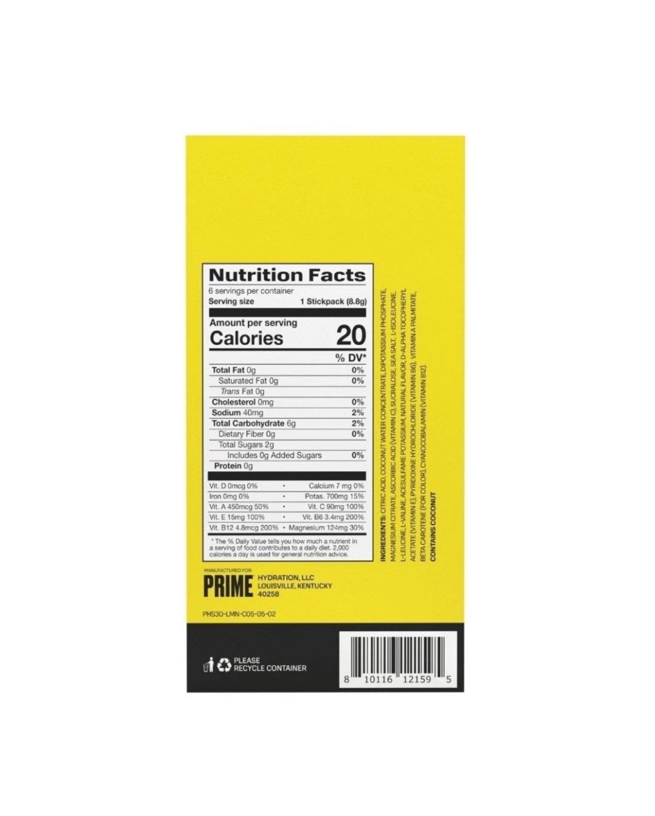 3 × Prime Electrolyte Hydration+Drink Mix Lemonade Zero Sugar Added 18 Sticks