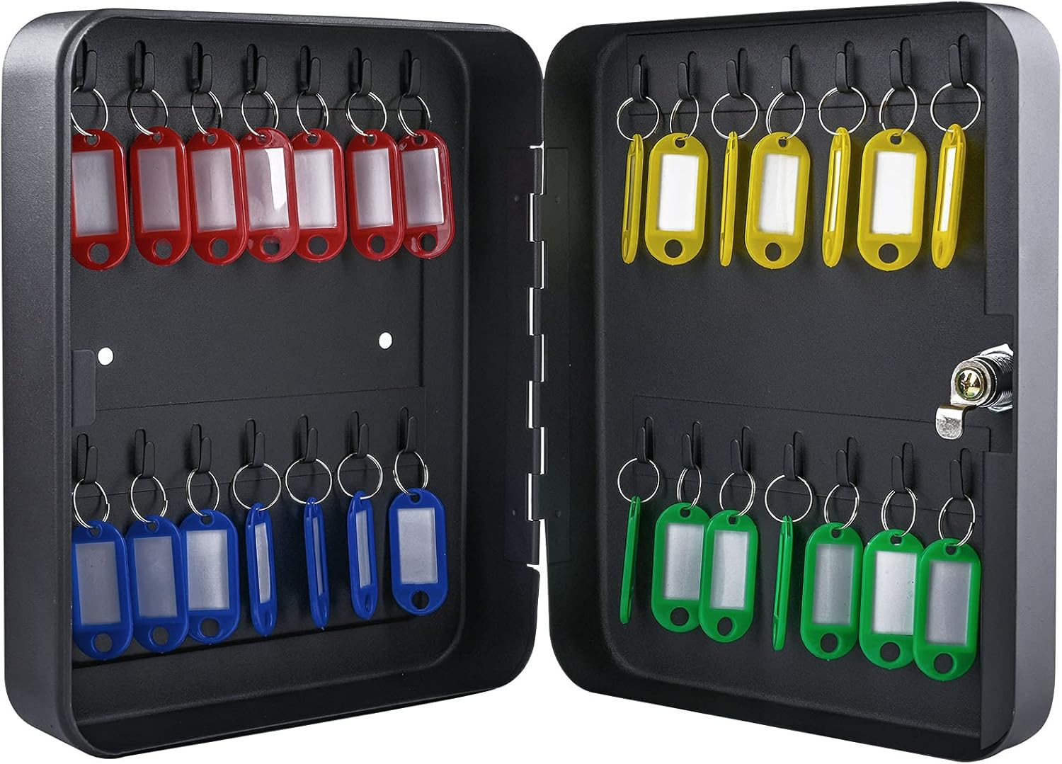 Key Cabinet Wall Mount with Key Lock, 28 Key Hooks & Tags Key Box, Steel Securit