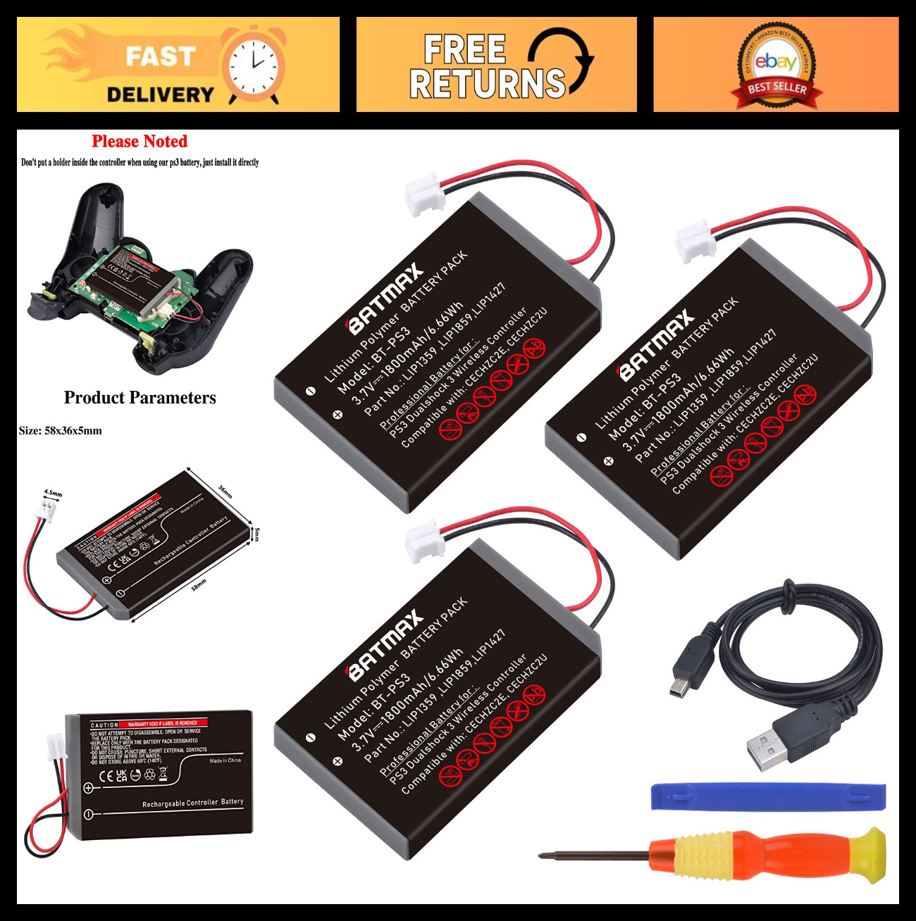 3 Pack 1800mAh Battery Replacement for PS3 DualShock 3 Wireless Controller