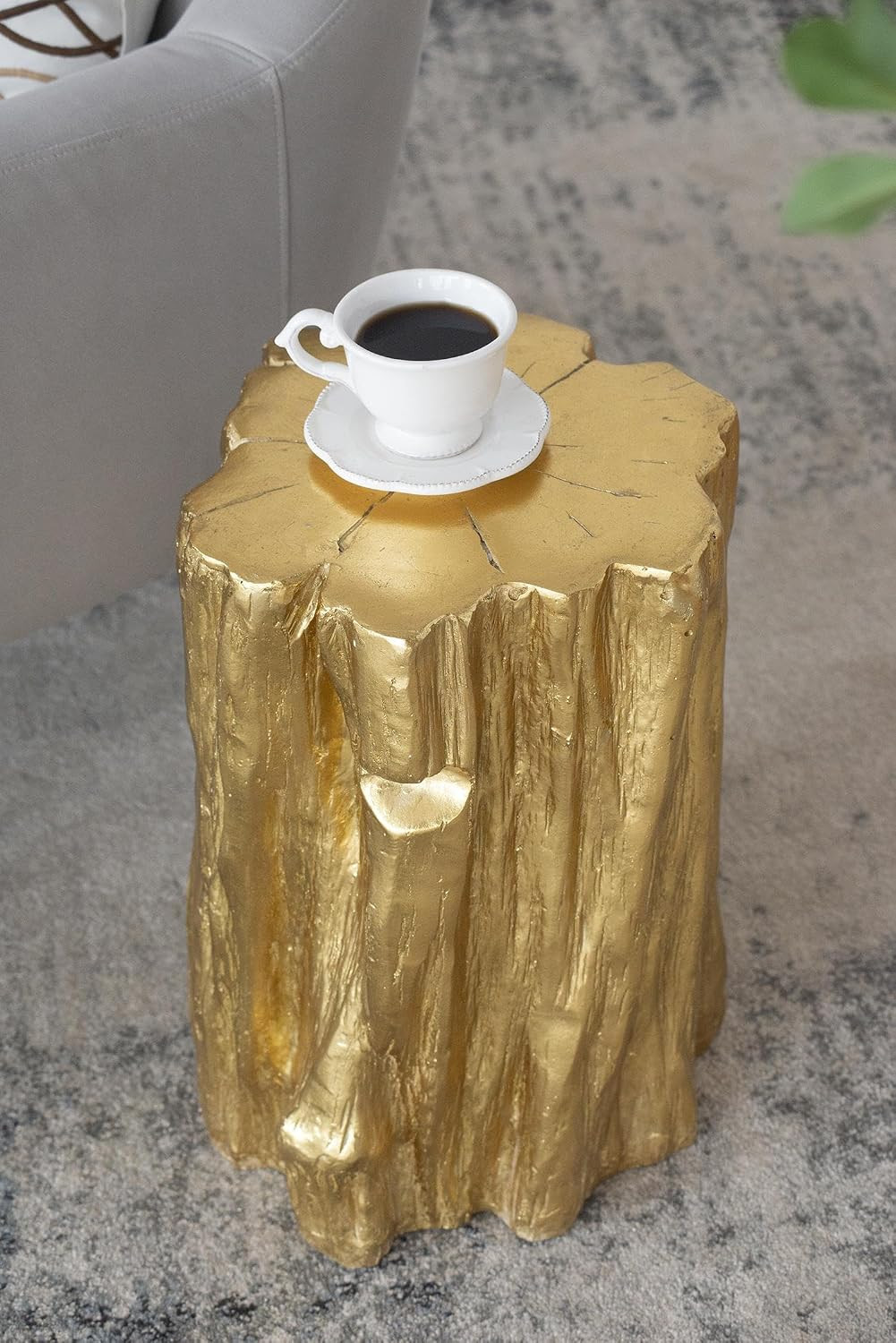 13.5""X13""X20"" Gold Magnesium Faux Tree Stump Accent Stool, Decorative Side Ta