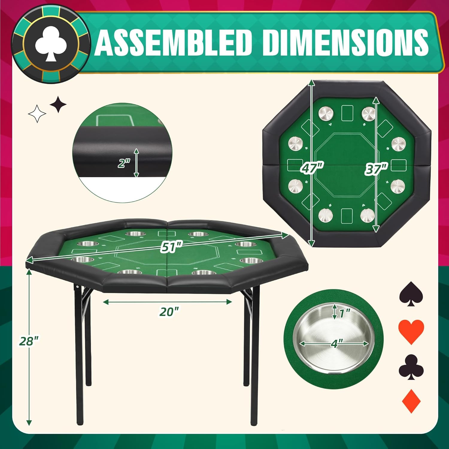 8-Player Poker Table Foldable, Casino Leisure Gaming Table with Padded Rails & S