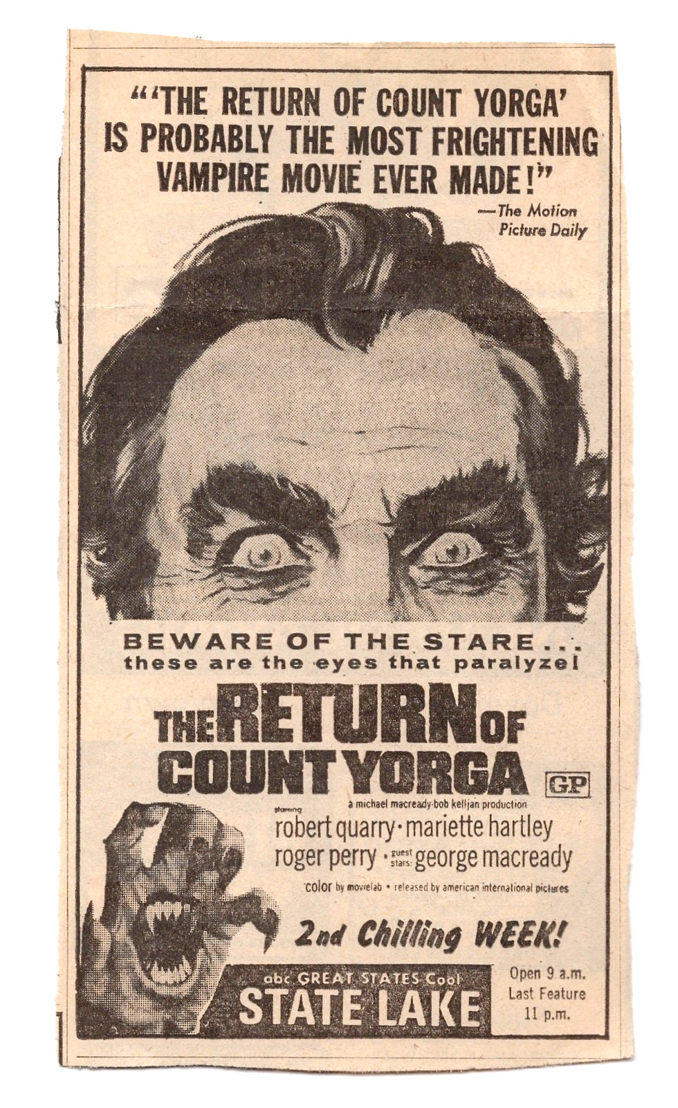 SALE: THE RETURN OF COUNT YORGA 1971 ORIGINAL HORROR MOVIE AD 3.5"X6.5" VAMPIRES