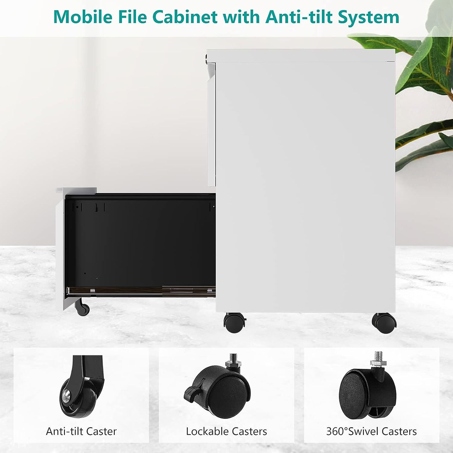 Metal 2 Drawers Office Filing Storage Cabinet with Lock Wheels Rolling Cabinets