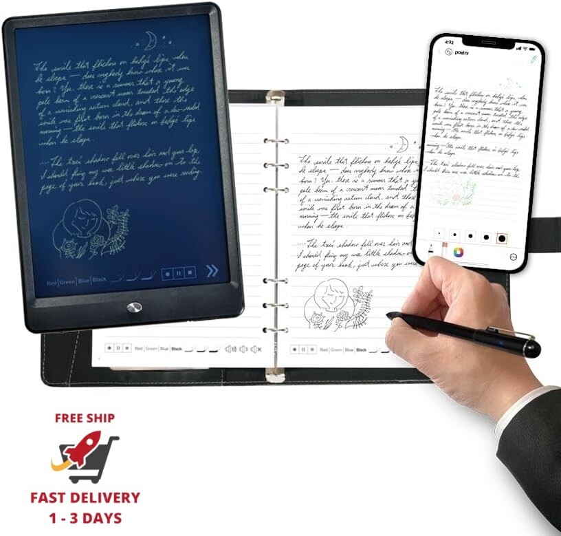 Cuaderno y pizarra digital inteligente con bolígrafo, sincronización en tiempo