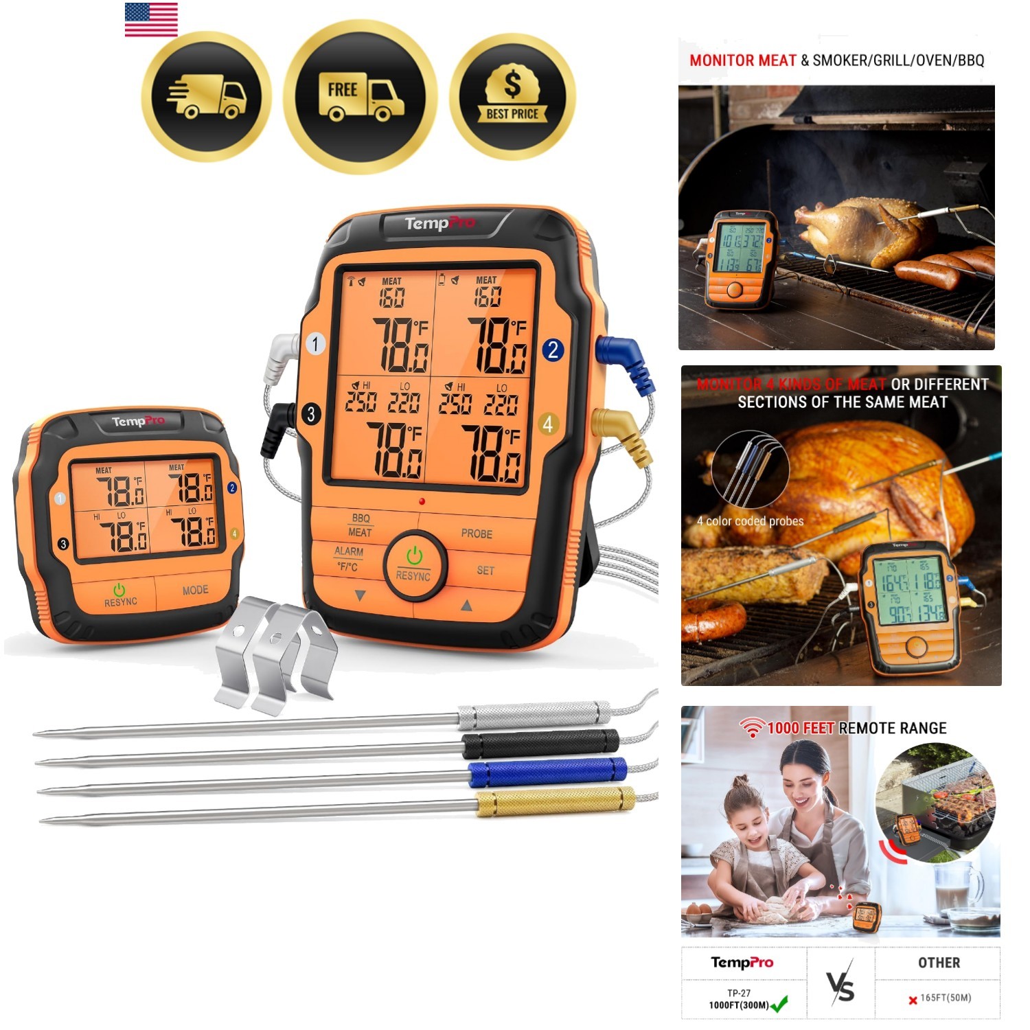 TempSync 1000FT Wireless Meat Thermometer for Grill with 4 Probes | RF Techno...