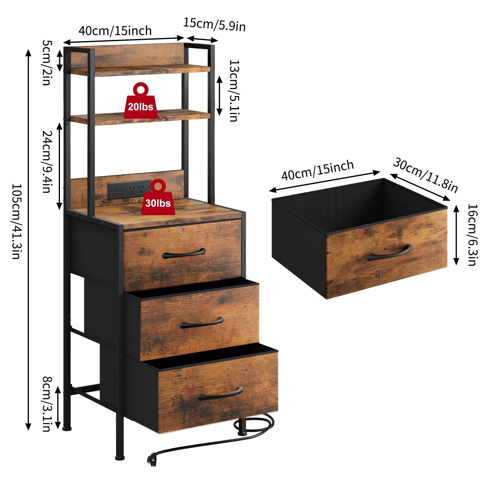 41 Inch Tall Nightstand with Charging Station, Led Night Stand with U-S-B Por...